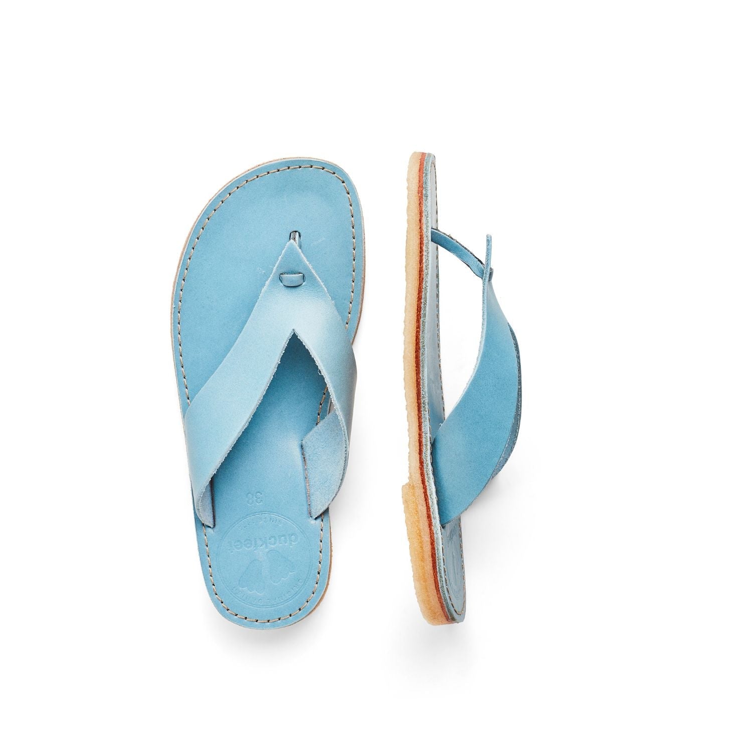 Duckfeet Ærø Jeans toe-post leather sandal, top and inner side view on white background