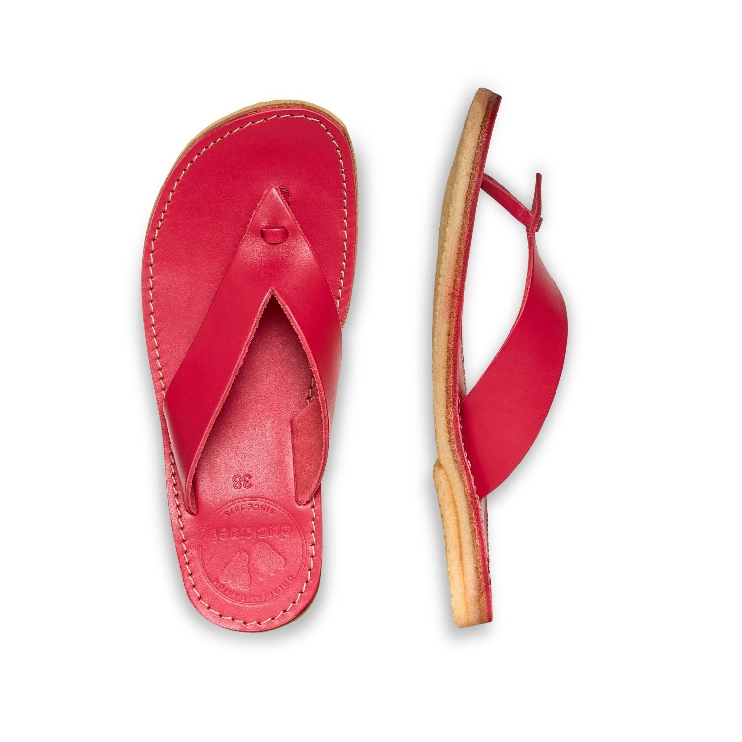 Duckfeet Ærø Pink toe-post leather sandal, top and inner side view on white background