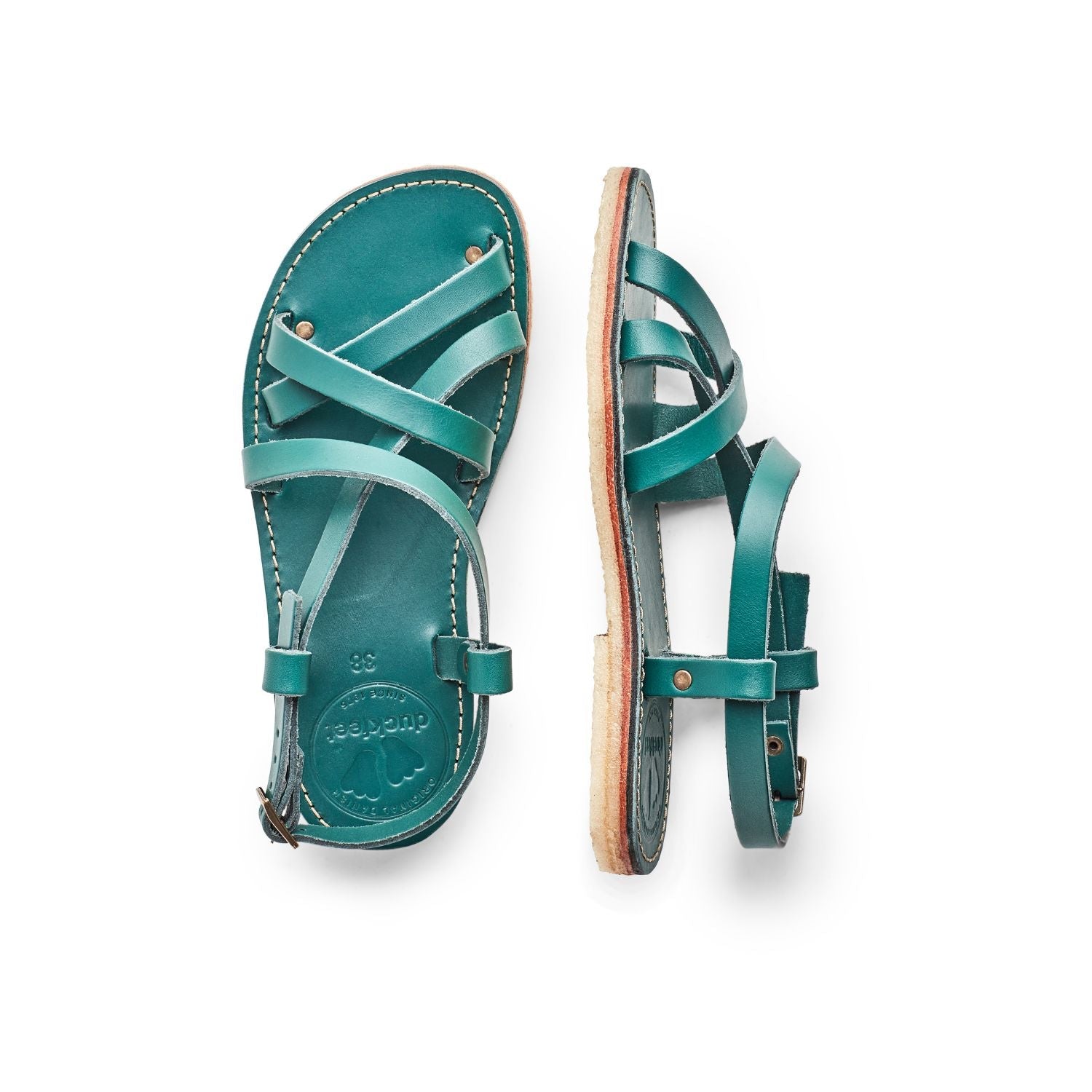 Duckfeet Bornholm Turquoise-Green strappy leather sandal, top and inner side view on white background