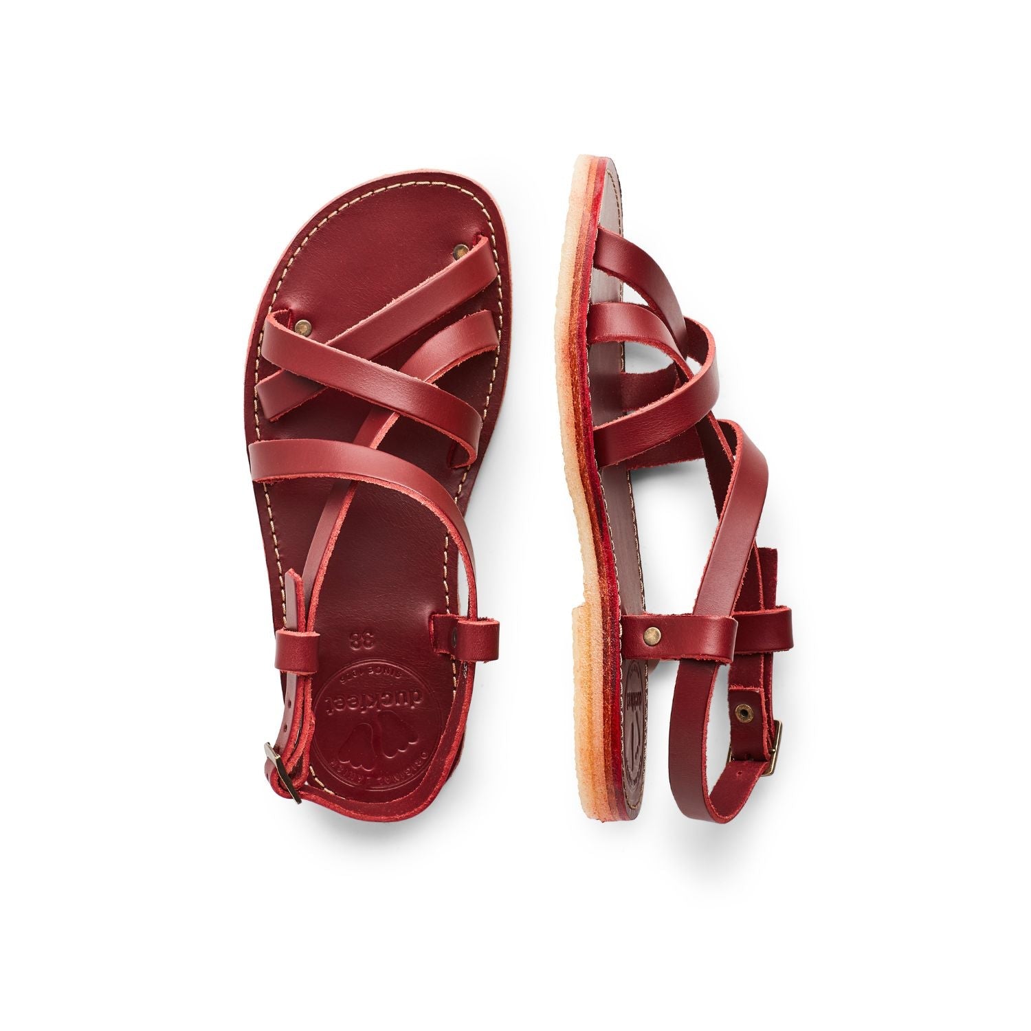 Duckfeet Bornholm Granate strappy leather sandal, top and inner side view on white background