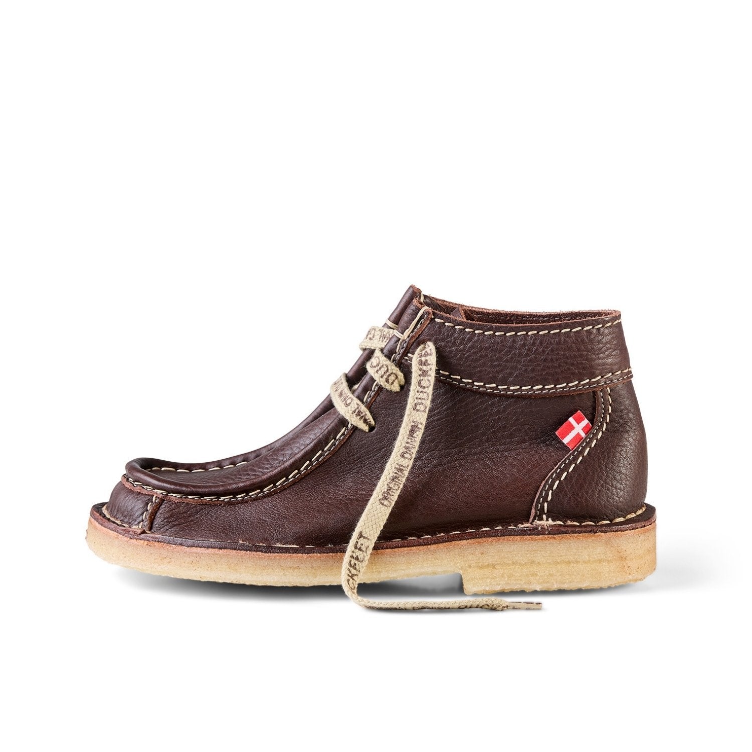 Duckfeet Ribe Choco moccasin leather ankle boot, outer side view on white background