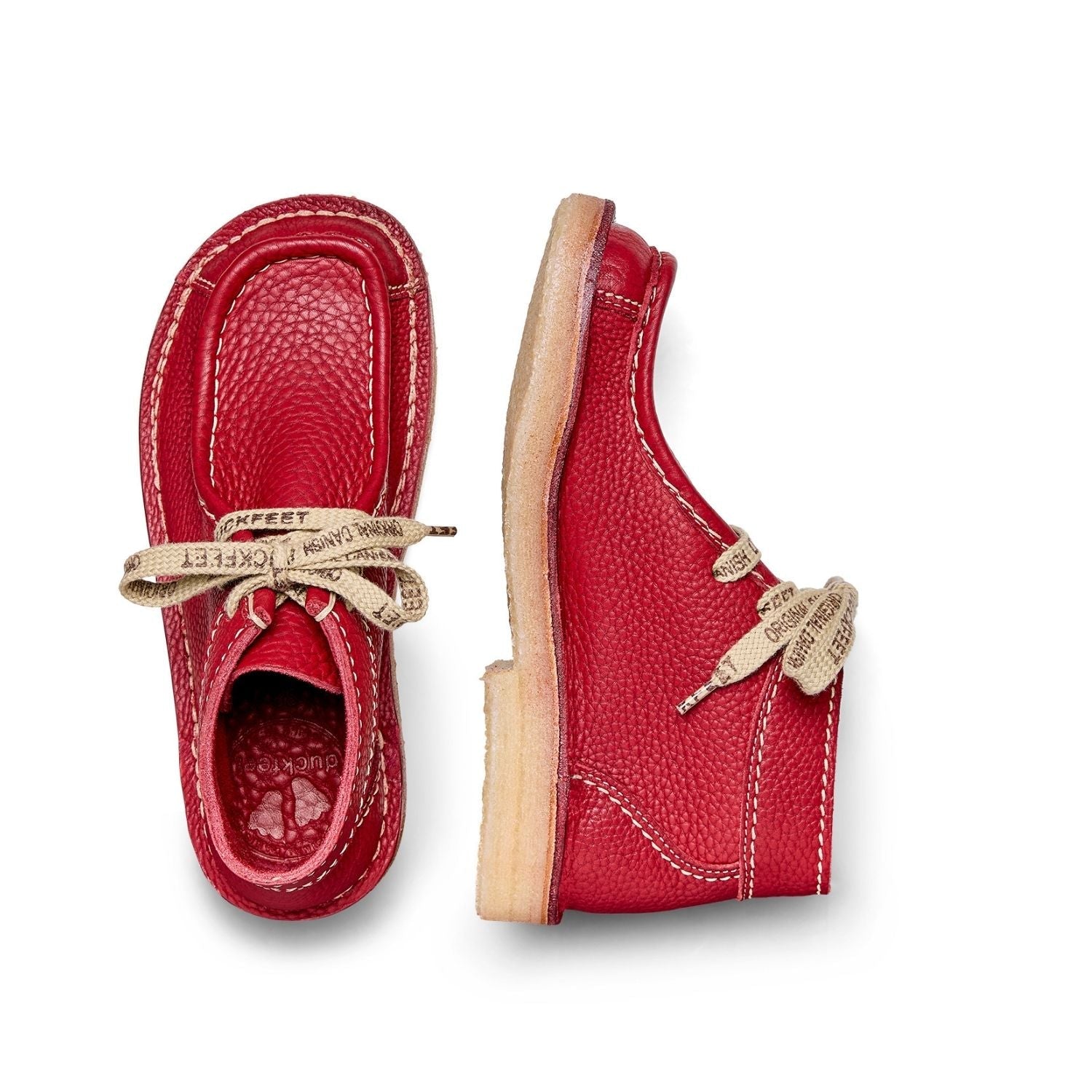 Duckfeet Ribe Granate moccasin leather ankle boot, top and inner side view on white background