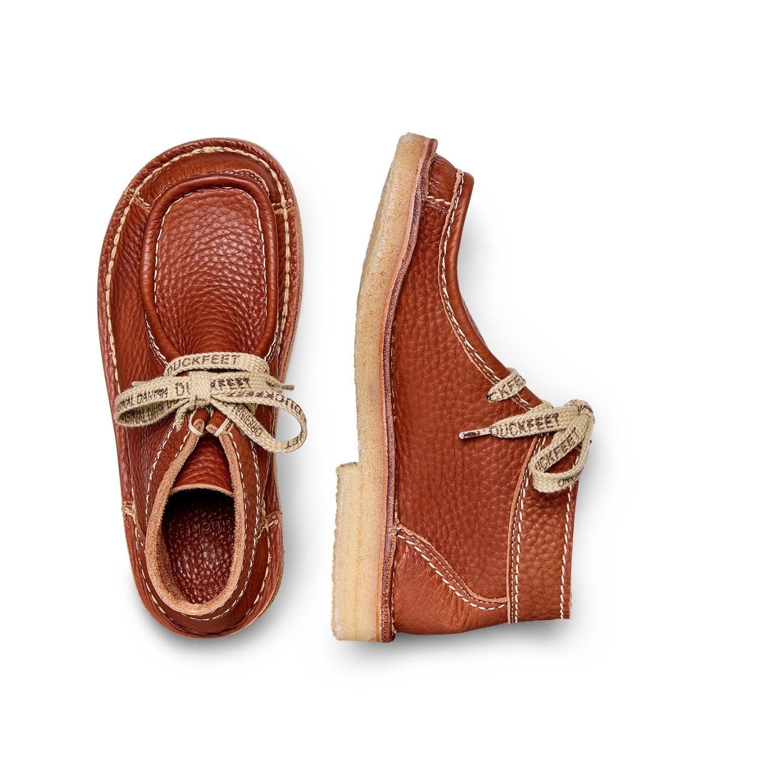 Duckfeet Ribe Nut moccasin leather ankle boot, top and inner side view on white background