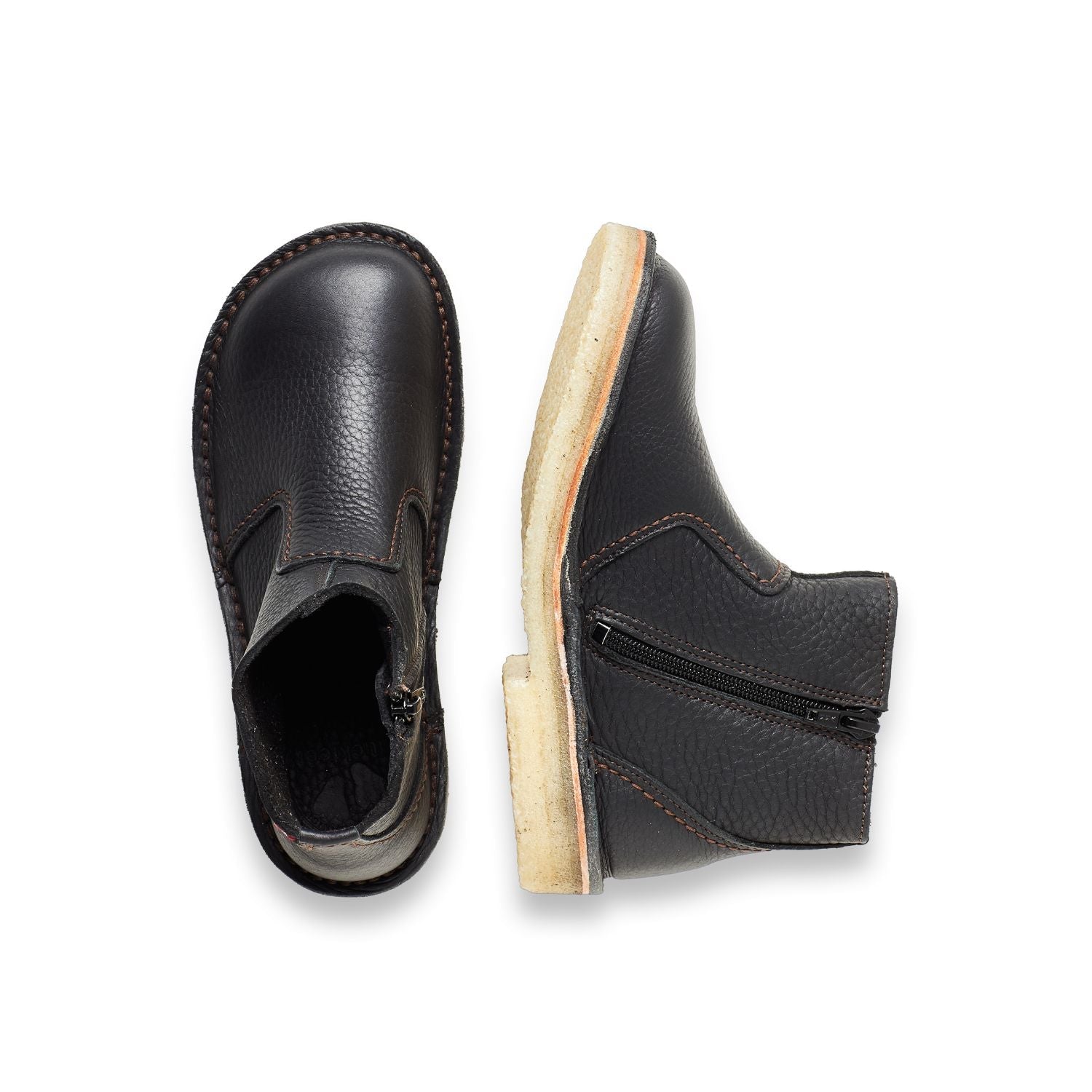 Duckfeet Fredericia Black zip-up leather ankle boot, top and inner side view on white background