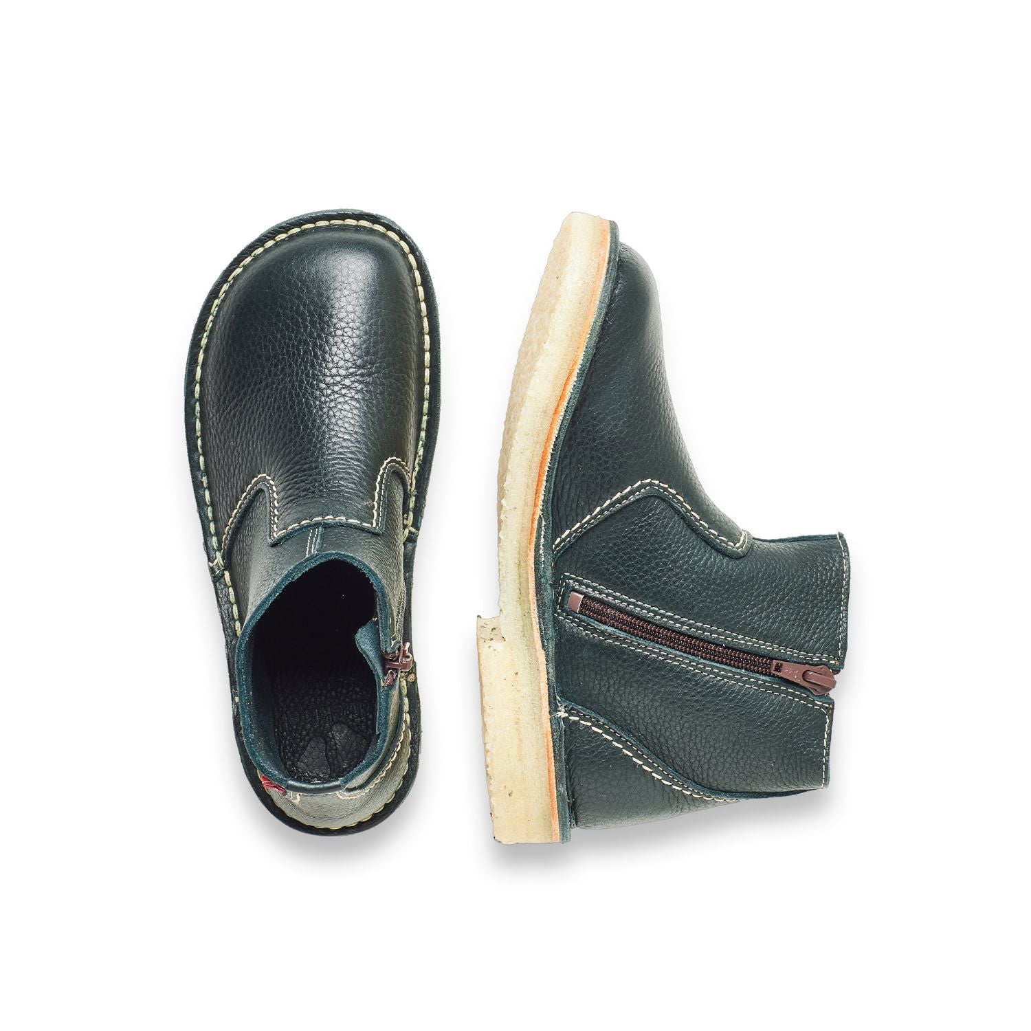 Duckfeet Fredericia Green zip-up leather ankle boot, top and inner side view on white background