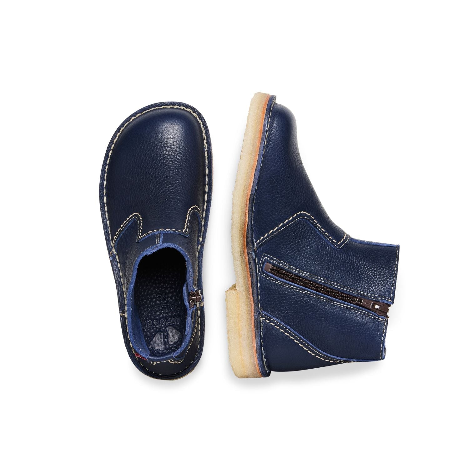 Duckfeet Fredericia Royal Blue zip-up leather ankle boot, top and inner side view on white background