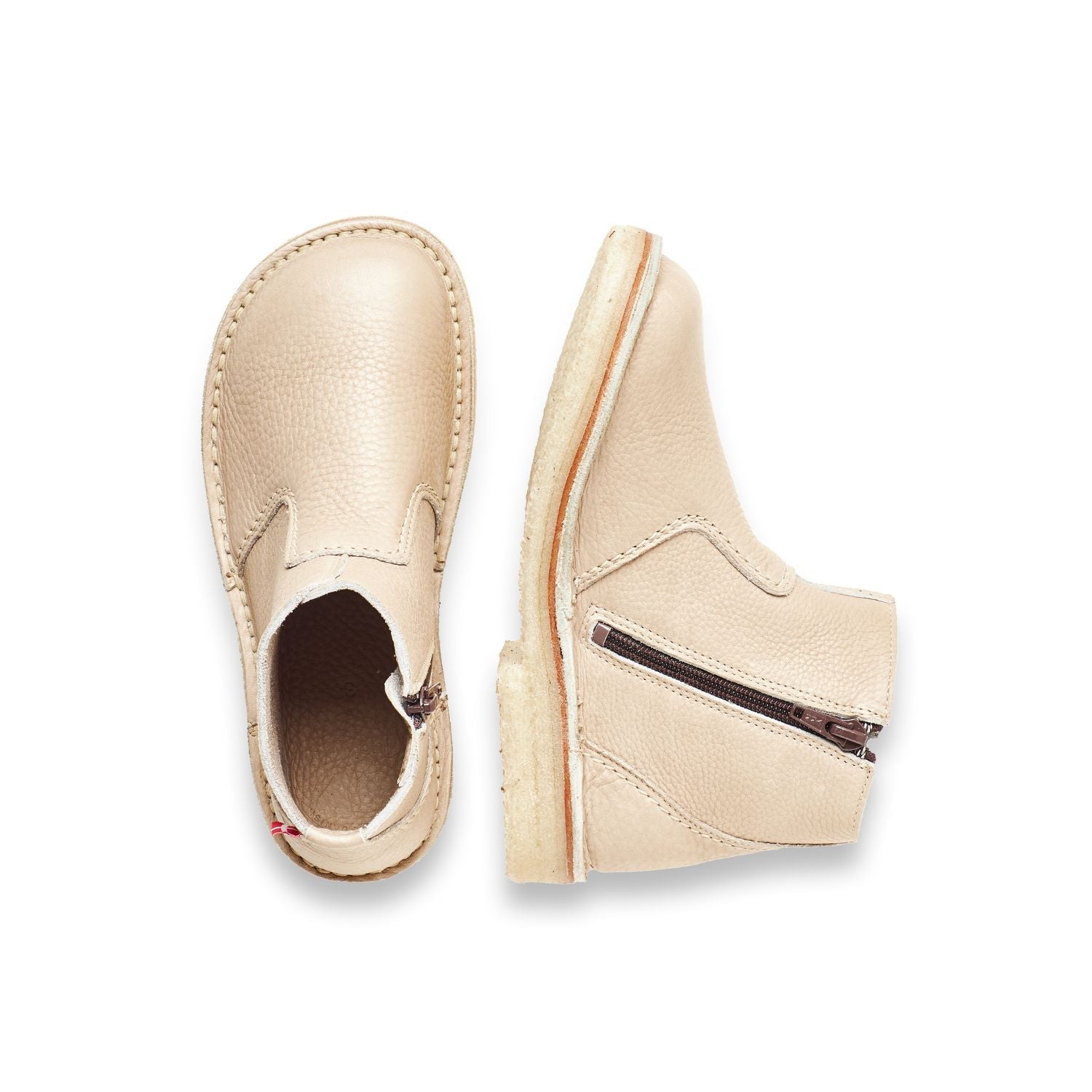 Duckfeet Fredericia Cream zip-up leather ankle boot, top and inner side view on white background