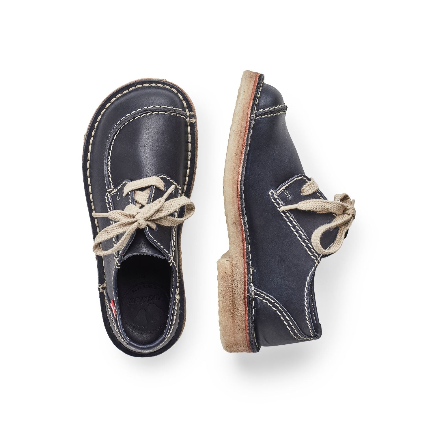 Duckfeet Fyn Blue moc-toe leather derby shoe, top and inner side view on white background