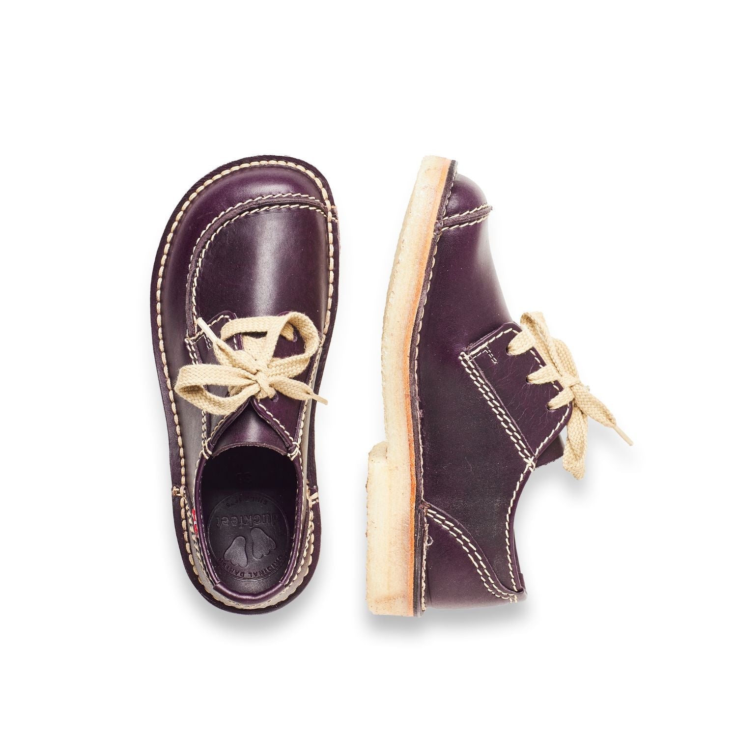 Duckfeet Fyn Plum moc-toe leather derby shoe, top and inner side view on white background