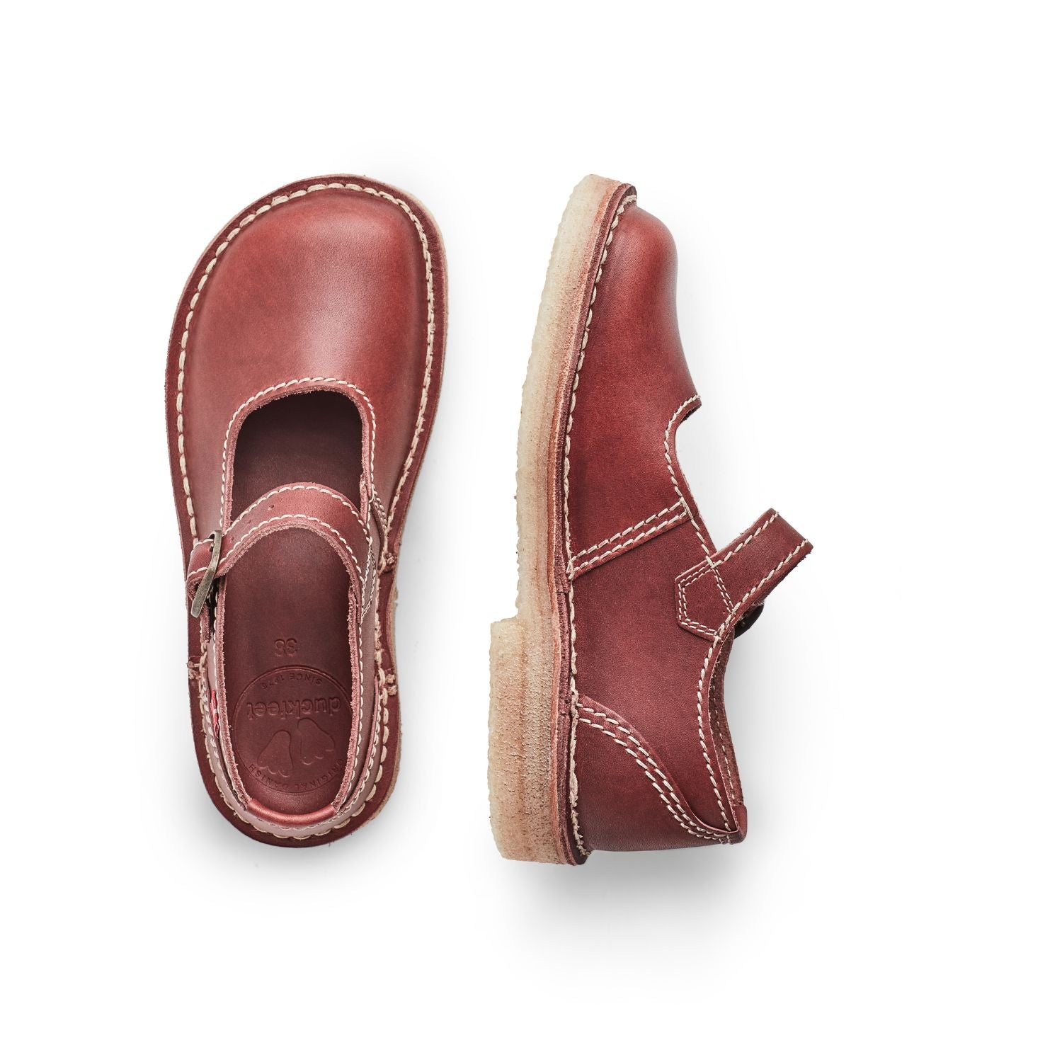 Duckfeet Himmerland Bordo leather Mary Jane shoe, top and inner side view on white background