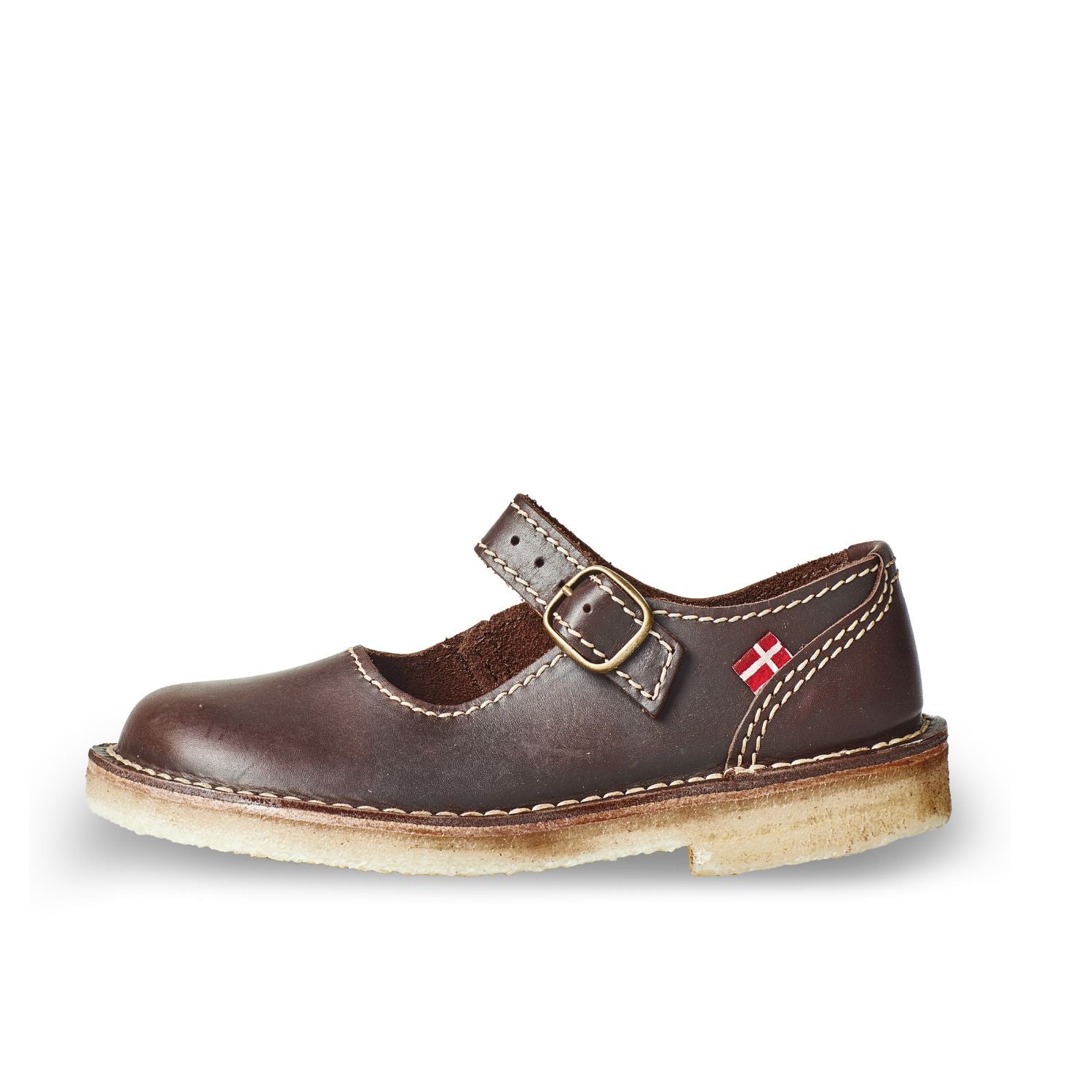 Duckfeet Himmerland Choco leather Mary Jane shoe, outer side view on white background