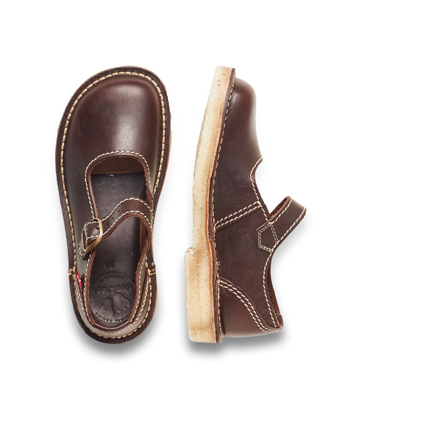Duckfeet Himmerland Choco leather Mary Jane shoe, top and inner side view on white background