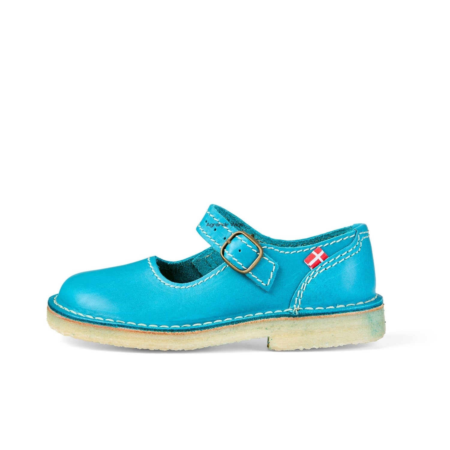 Duckfeet Himmerland Aqua Blue leather Mary Jane shoe, outer side view on white background