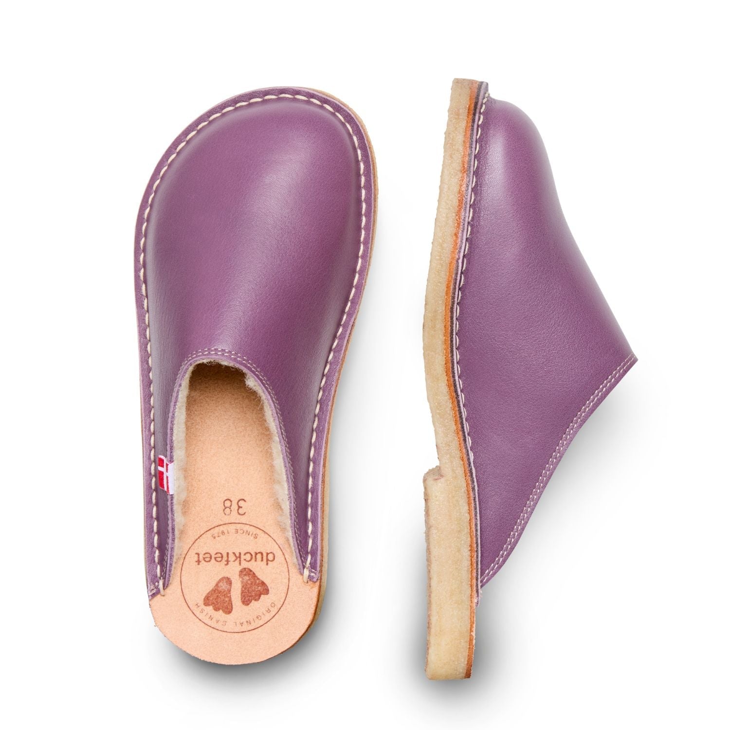 Duckfeet Klitmøller Purple wool-lined leather slipper, top and inner side view on white background