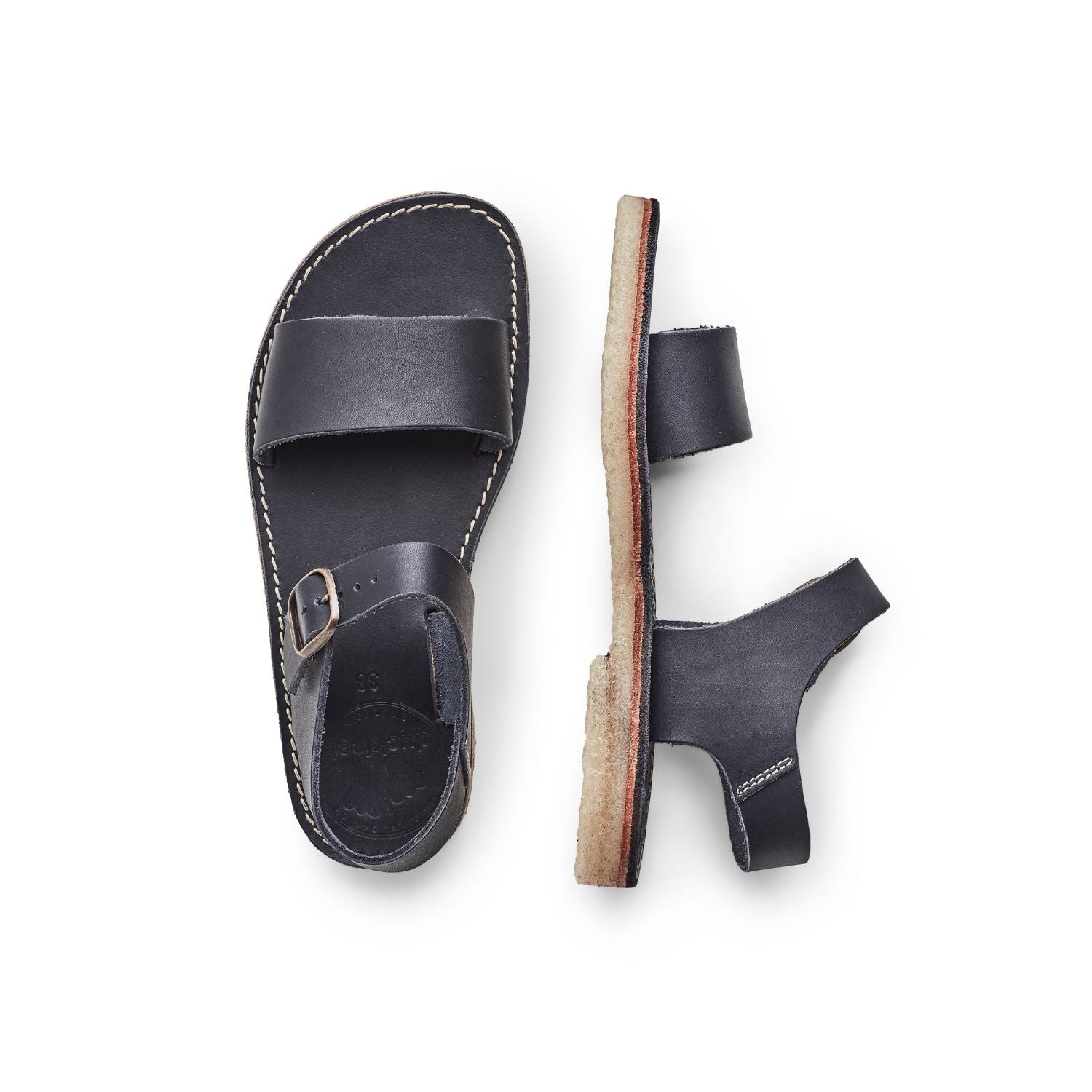 Duckfeet Løkken Blue ankle-strap leather sandal, top and inner side view on white background