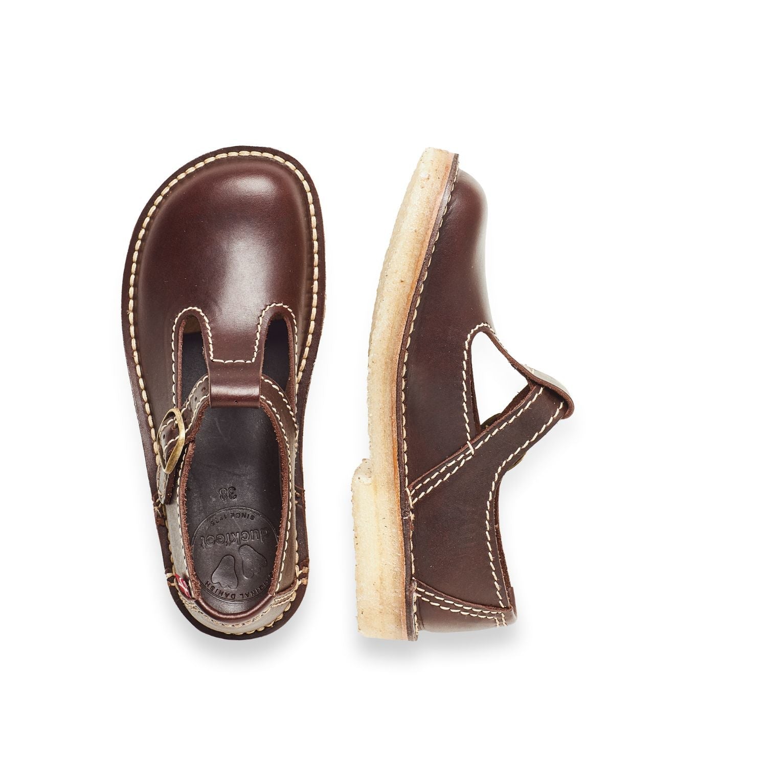 Duckfeet Lolland Choco T-strap leather Mary Jane shoe, top and inner side view on white background