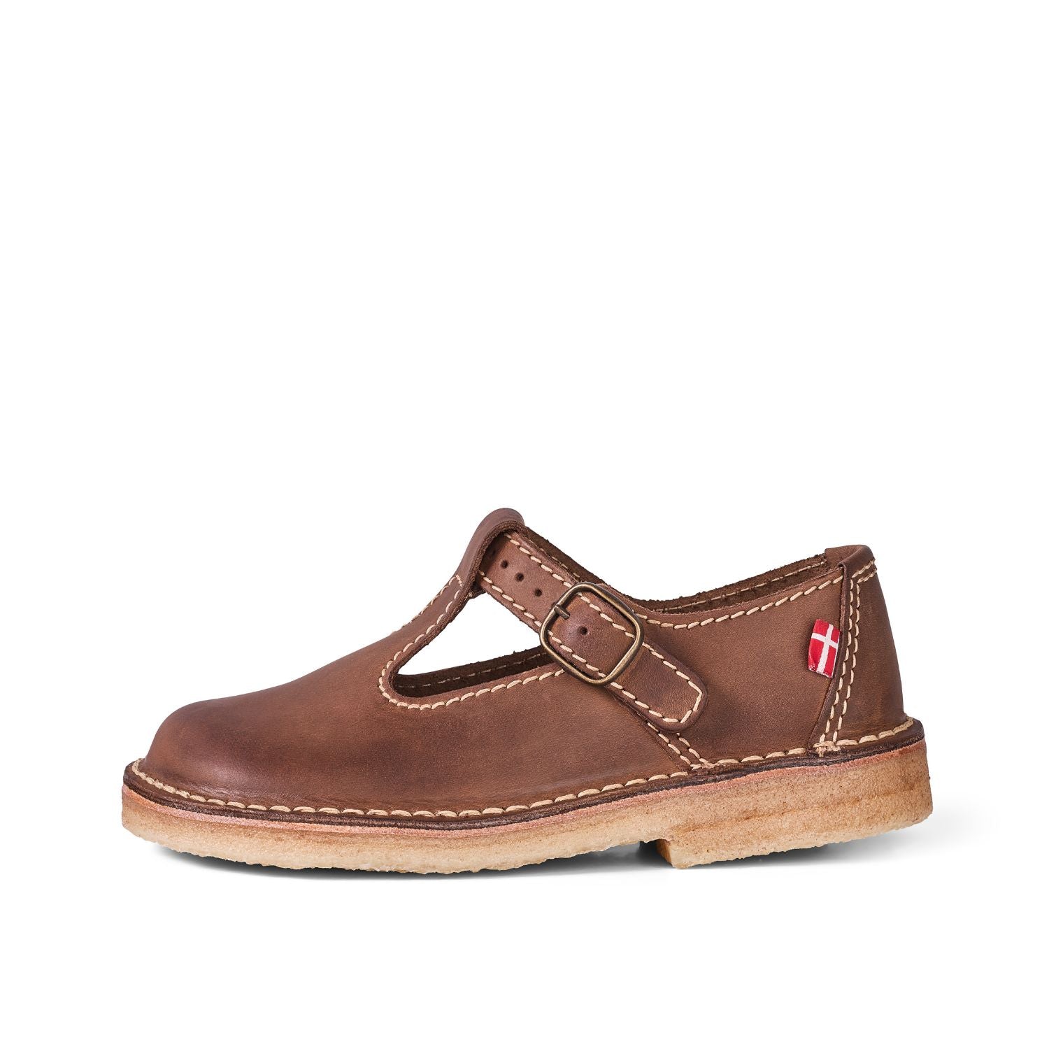 Duckfeet Lolland Cocoa T-strap leather Mary Jane shoe, outer side view on white background