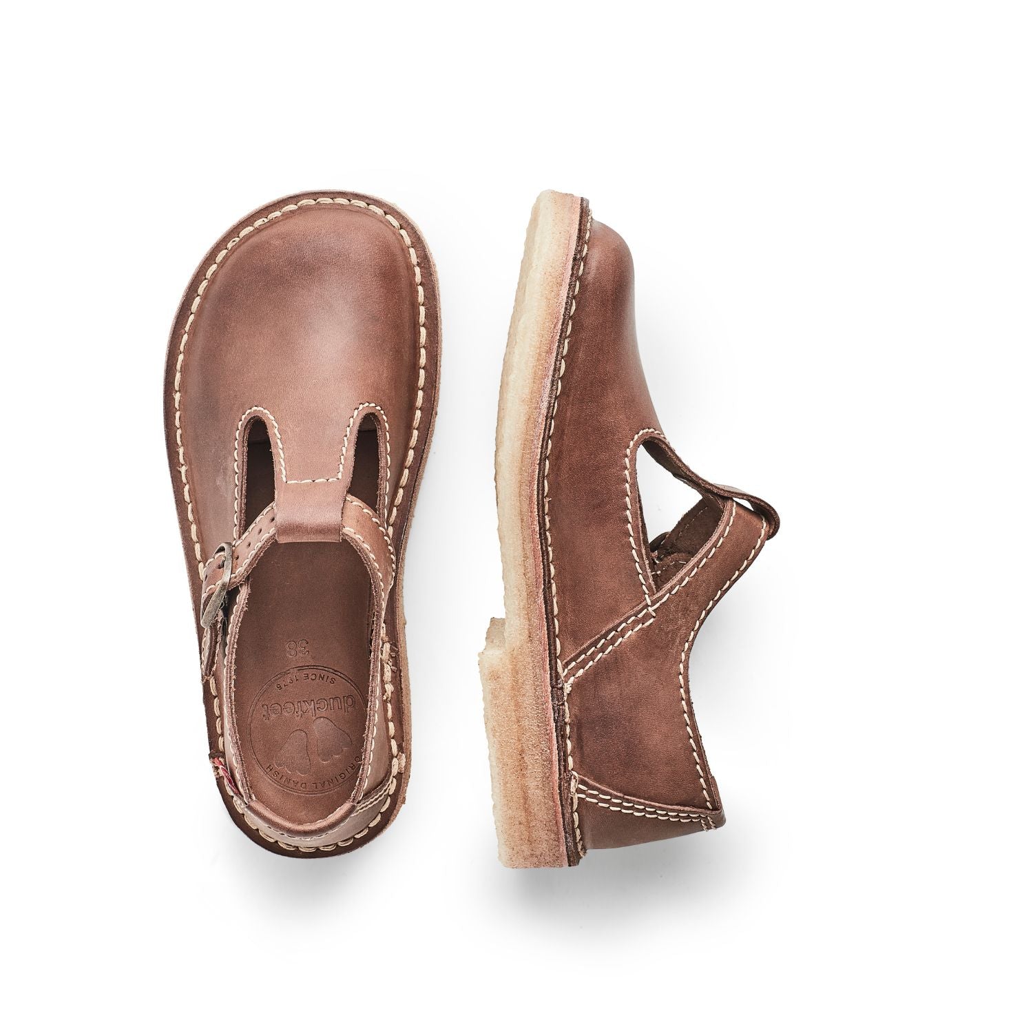 Duckfeet Lolland Cocoa T-strap leather Mary Jane shoe, top and inner side view on white background