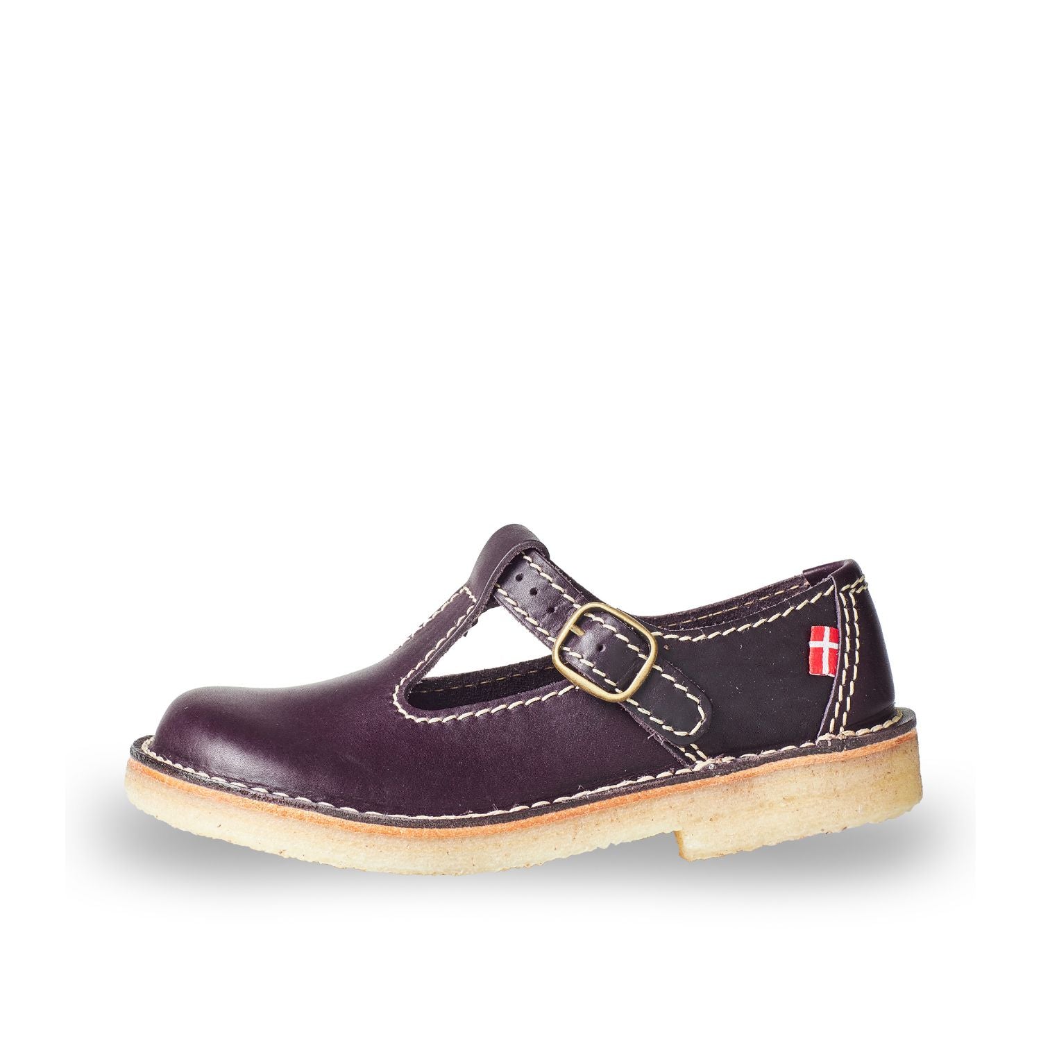 Duckfeet Lolland Plum T-strap leather Mary Jane shoe, outer side view on white background