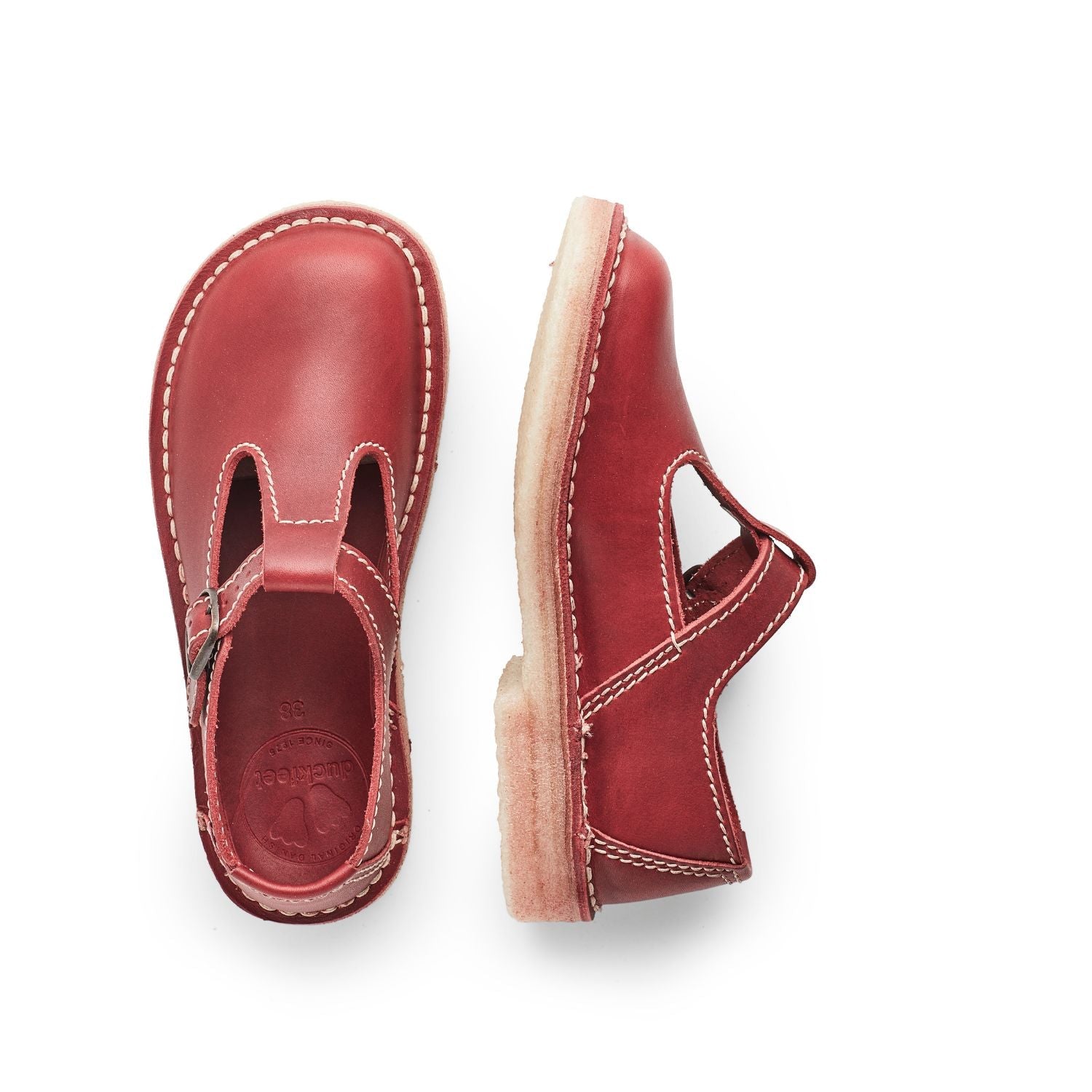 Duckfeet Lolland Granate T-strap leather Mary Jane shoe, top and inner side view on white background