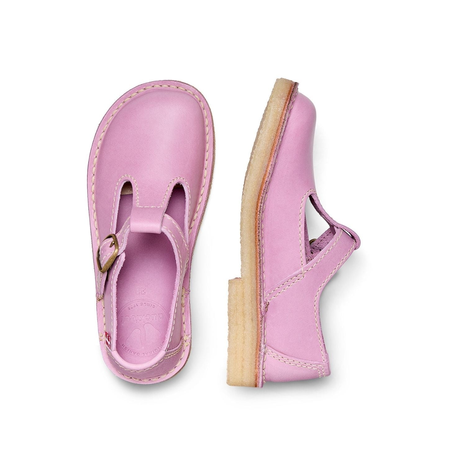 Duckfeet Lolland Rose T-strap leather Mary Jane shoe, top and inner side view on white background