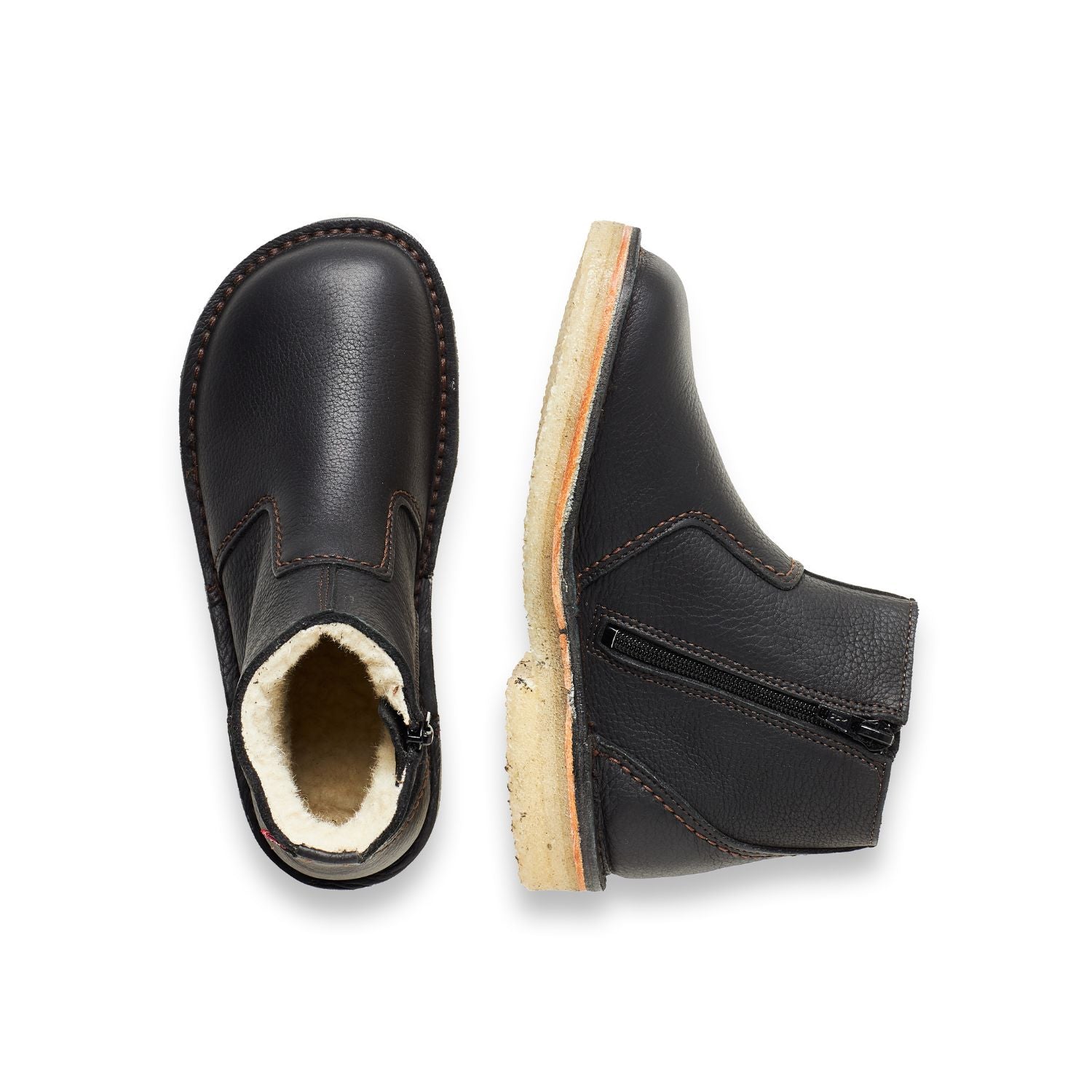 Duckfeet Middelfart Black wool-lined zip-up leather ankle boot, top and inner side view on white background