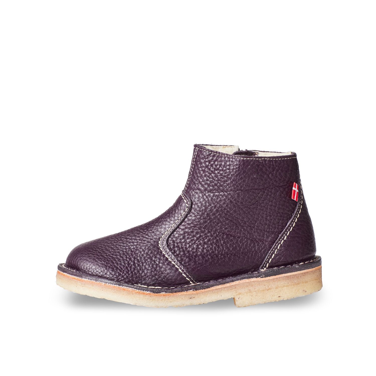 Duckfeet Middelfart Plum wool-lined zip-up leather ankle boot, outer side view on white background