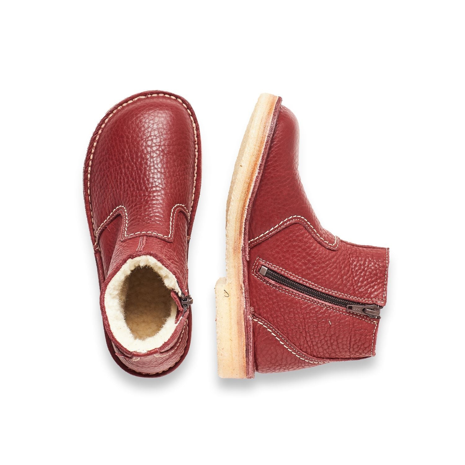 Duckfeet Middelfart Granate wool-lined zip-up leather ankle boot, top and inner side view on white background