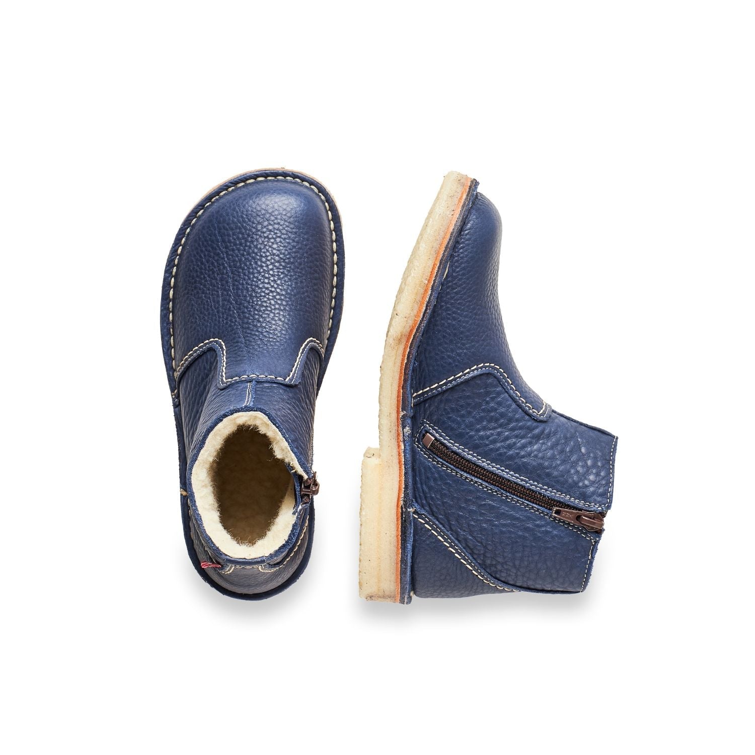 Duckfeet Middelfart Royal Blue wool-lined zip-up leather ankle boot, top and inner side view on white background