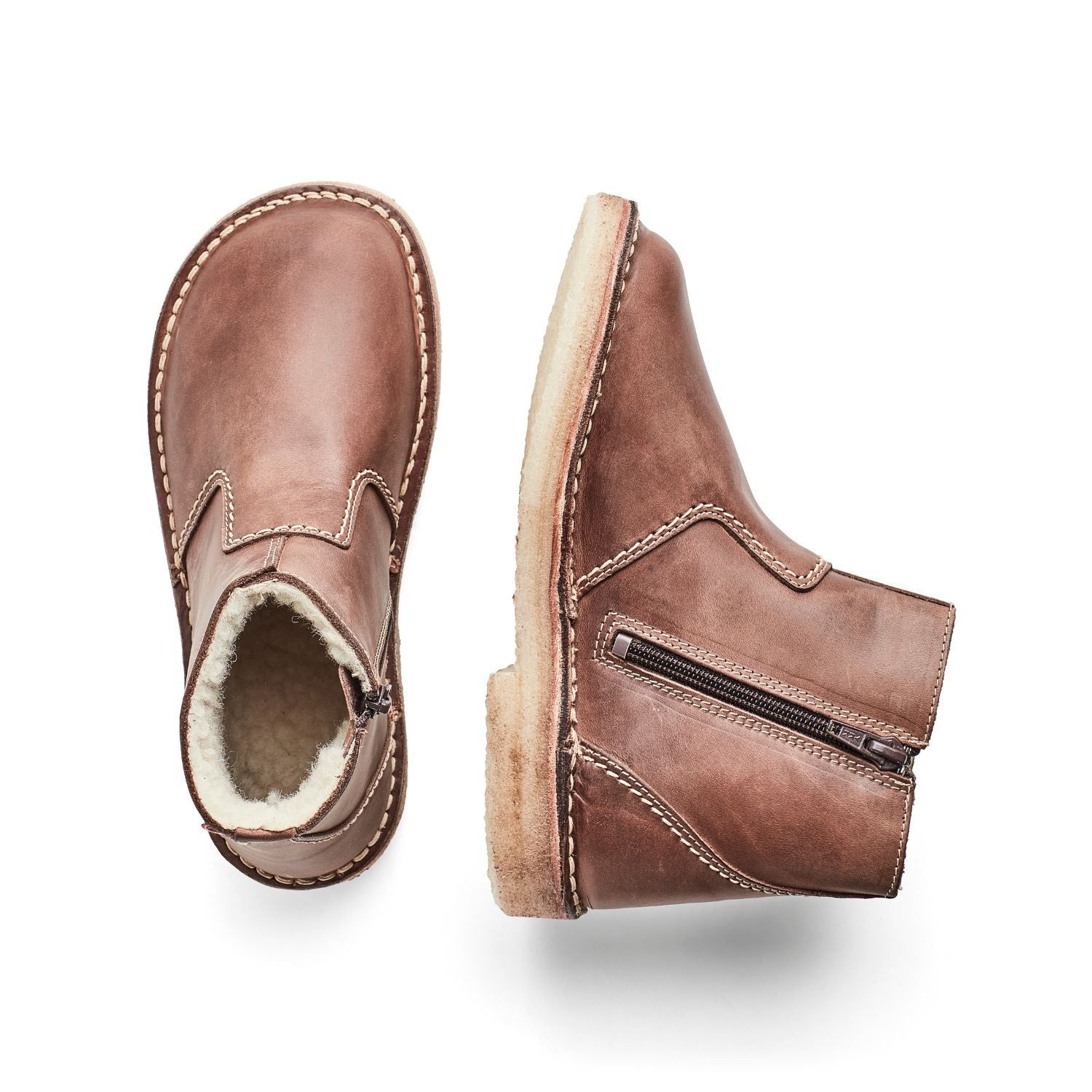 Duckfeet Nyborg Cocoa wool-lined zip-up leather ankle boot, top and inner side view on white background