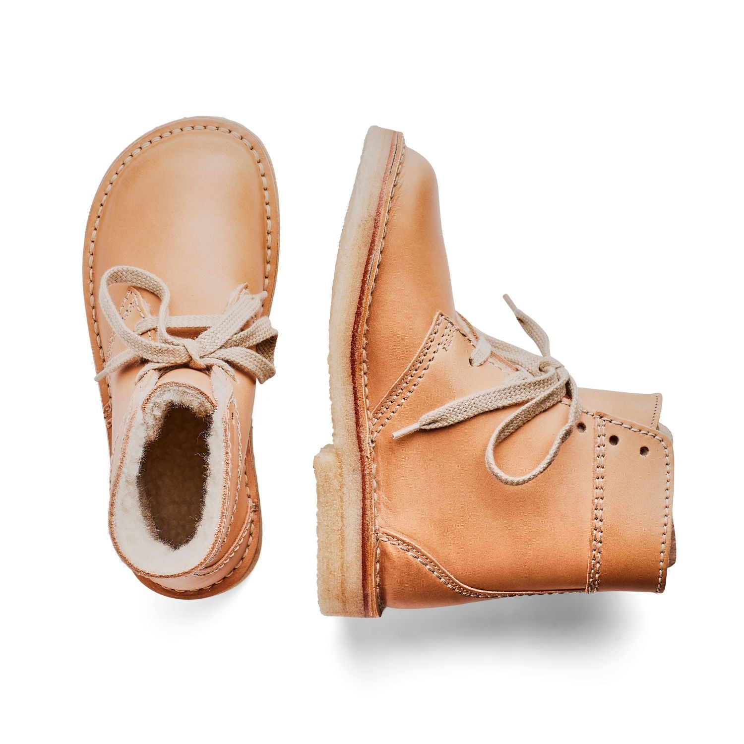 Duckfeet Odense Bio wool-lined lace-up leather boot, top and inner side view on white background