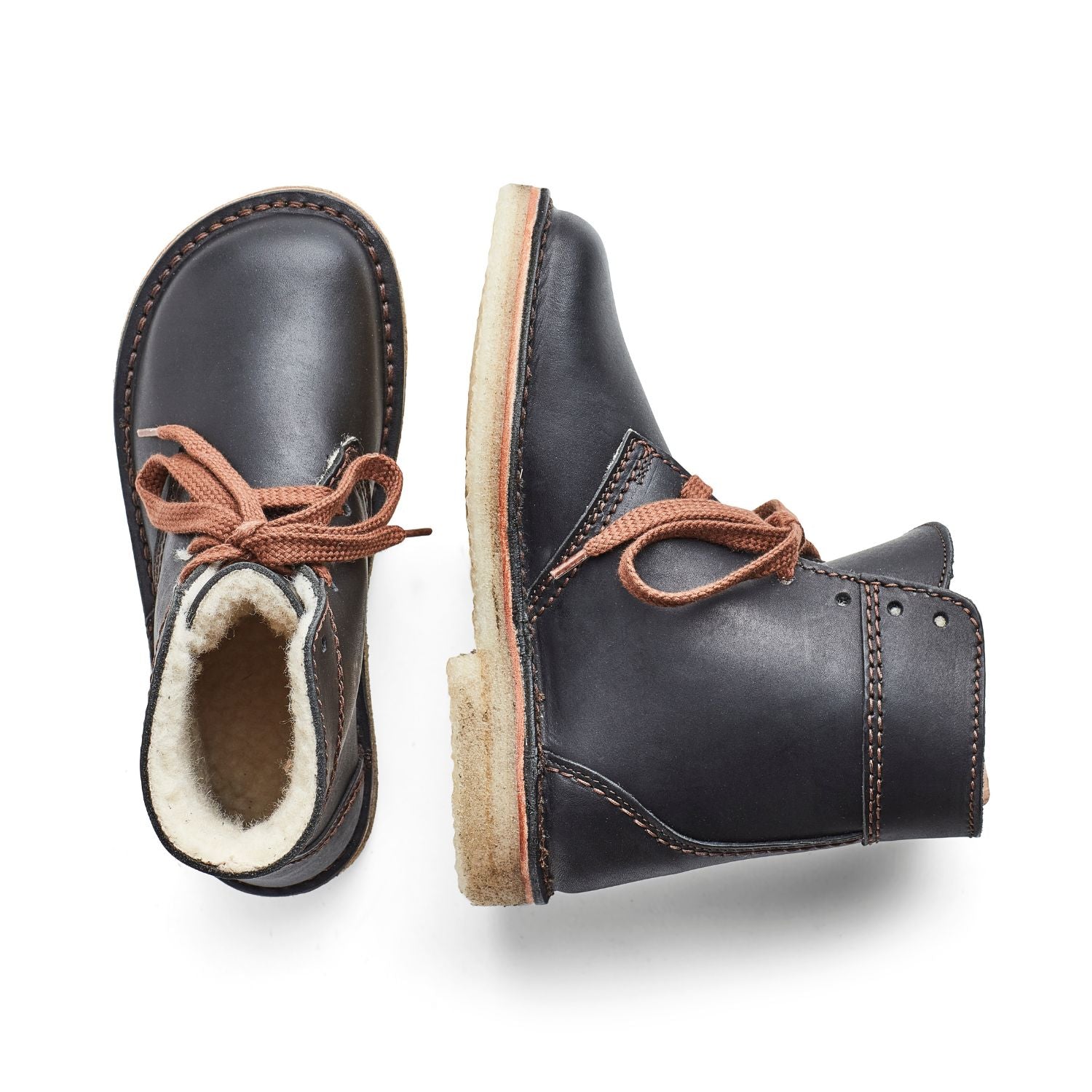 Duckfeet Odense Black wool-lined lace-up leather boot, top and inner side view on white background