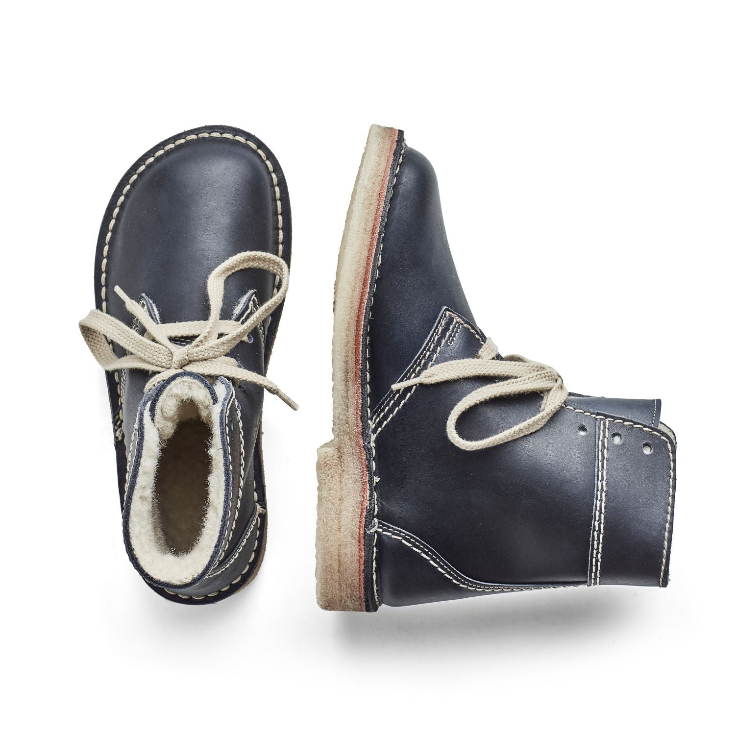 Duckfeet Odense Blue wool-lined lace-up leather boot, top and inner side view on white background