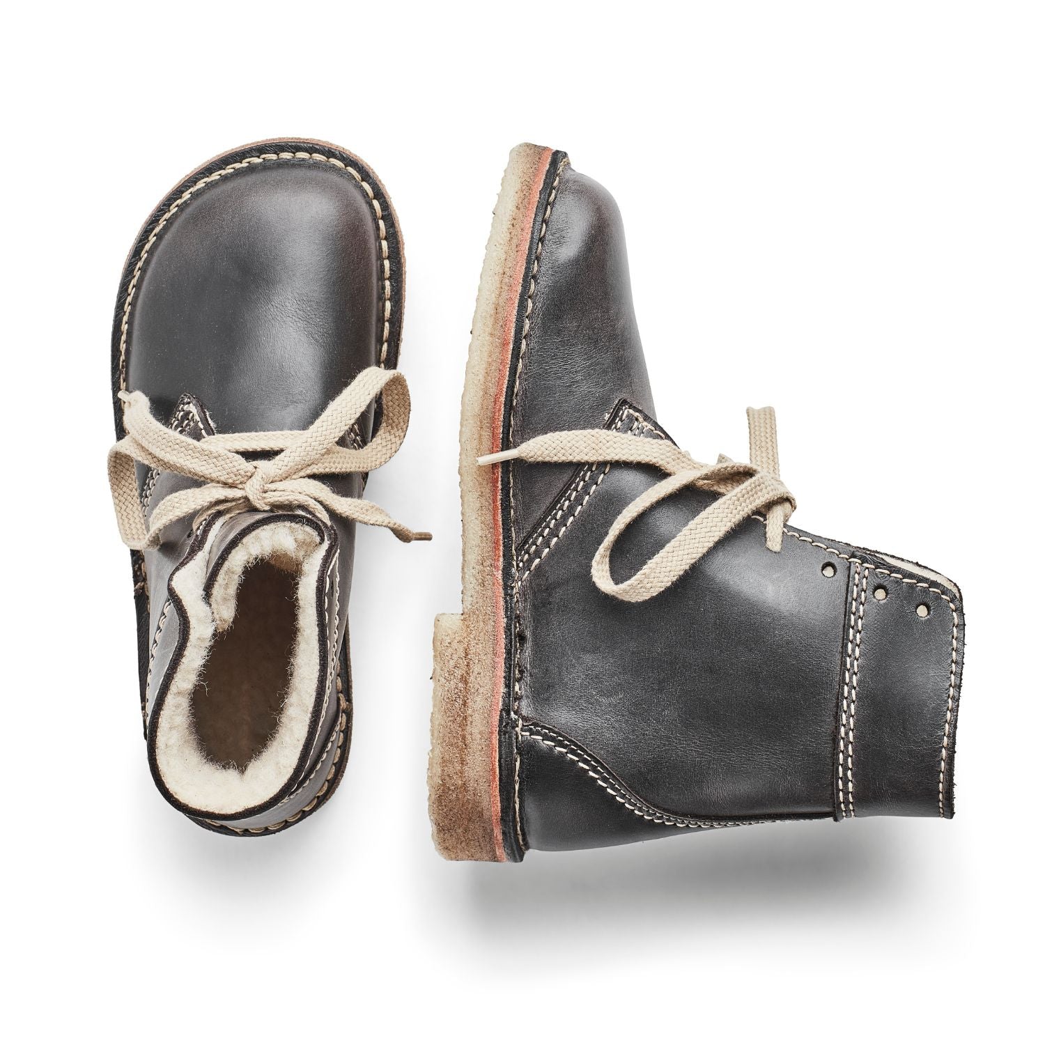 Duckfeet Odense Slate wool-lined lace-up leather boot, top and inner side view on white background