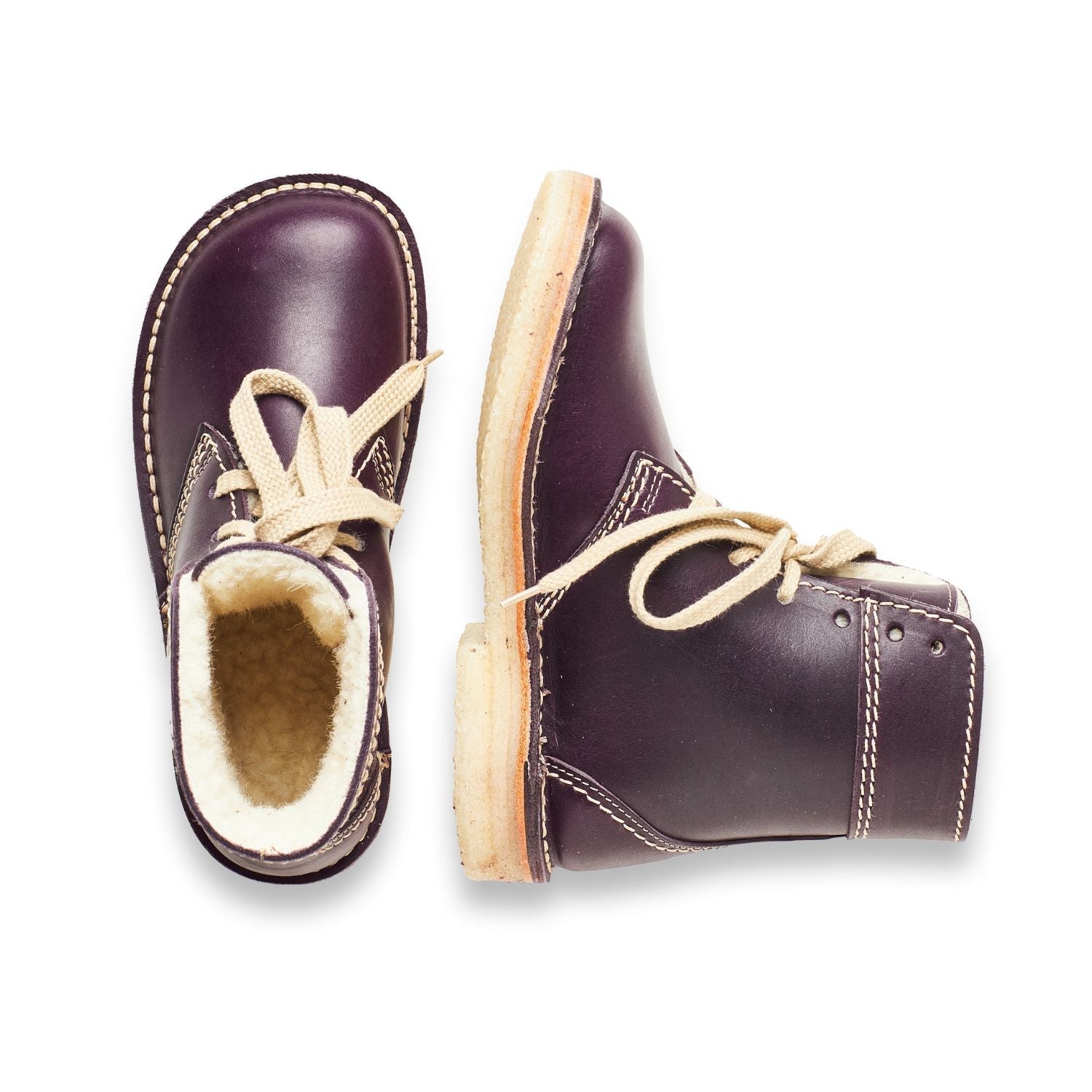 Duckfeet Odense Plum wool-lined lace-up leather boot, top and inner side view on white background
