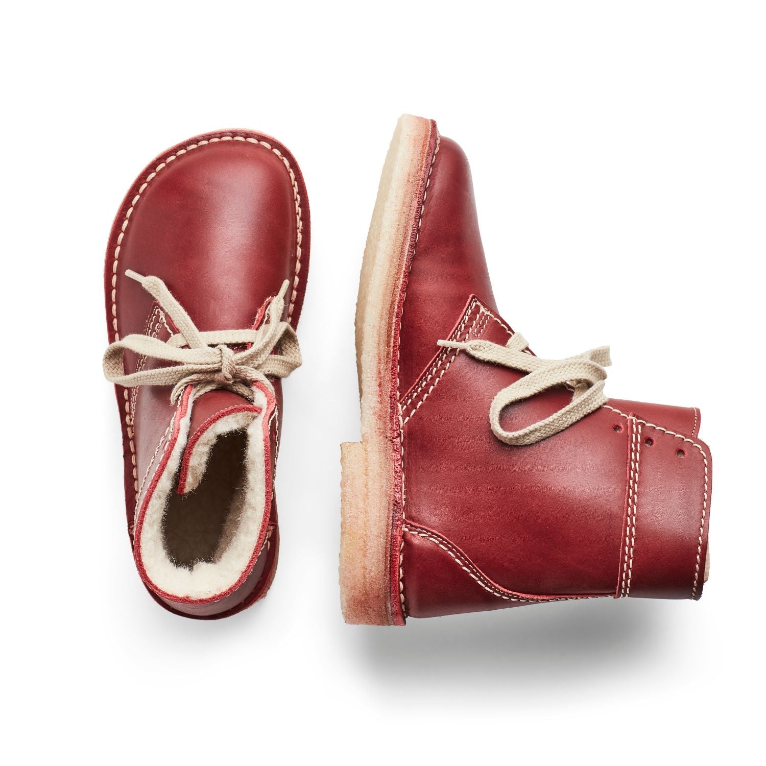Duckfeet Odense Granate wool-lined lace-up leather boot, top and inner side view on white background