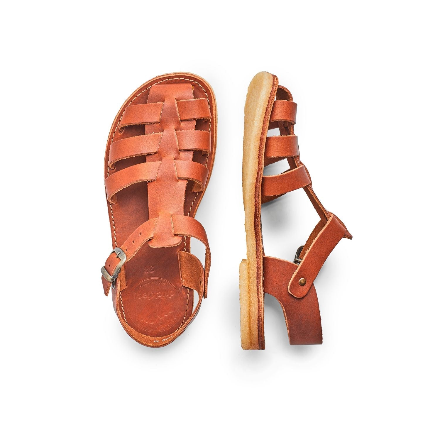 Duckfeet Ringkøbing Brown fisherman leather sandal, top and inner side view on white background