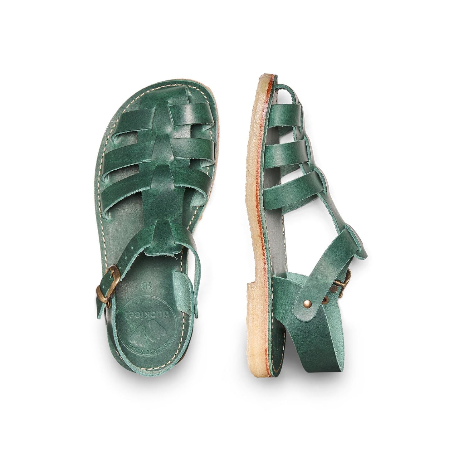 Duckfeet Ringkøbing Turquoise-Green fisherman leather sandal, top and inner side view on white background
