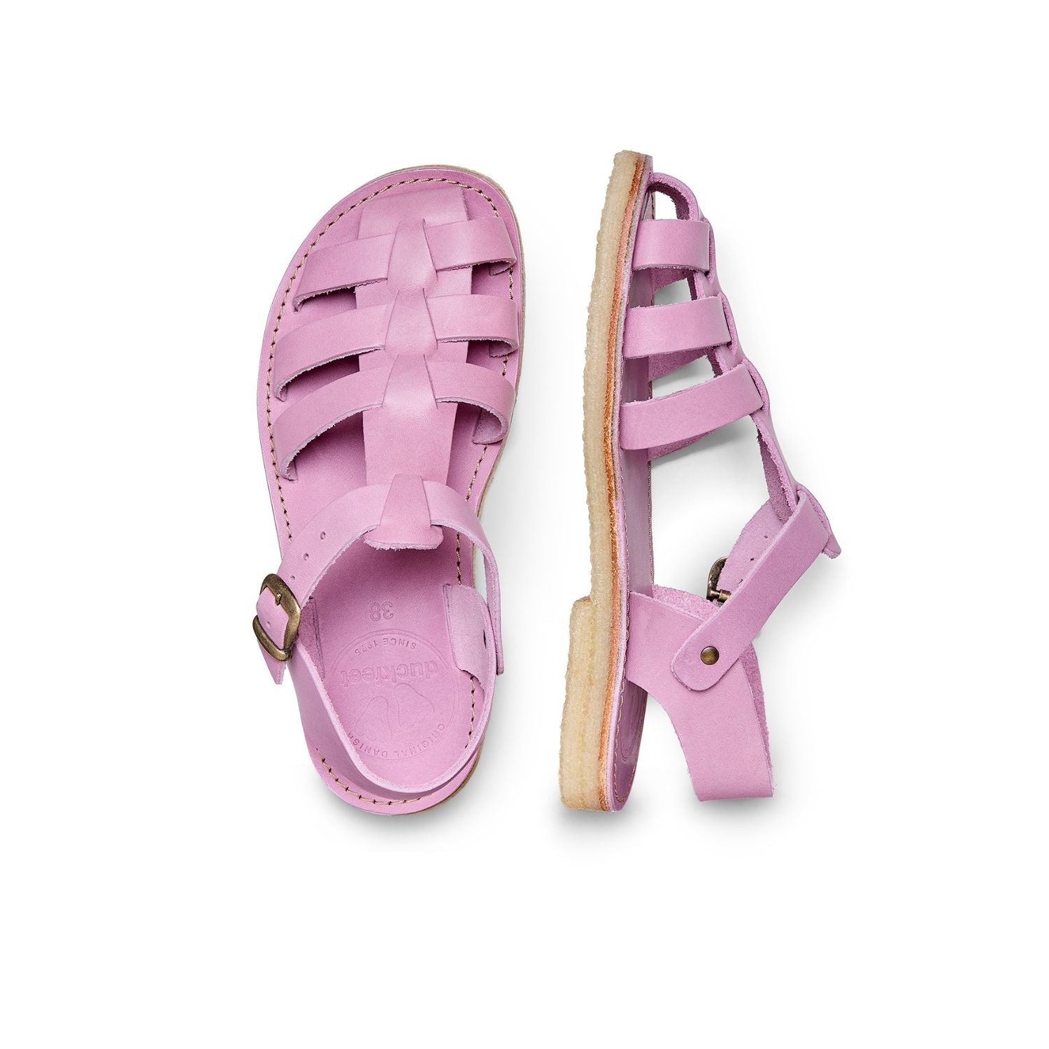Duckfeet Ringkøbing Rose fisherman leather sandal, top and inner side view on white background
