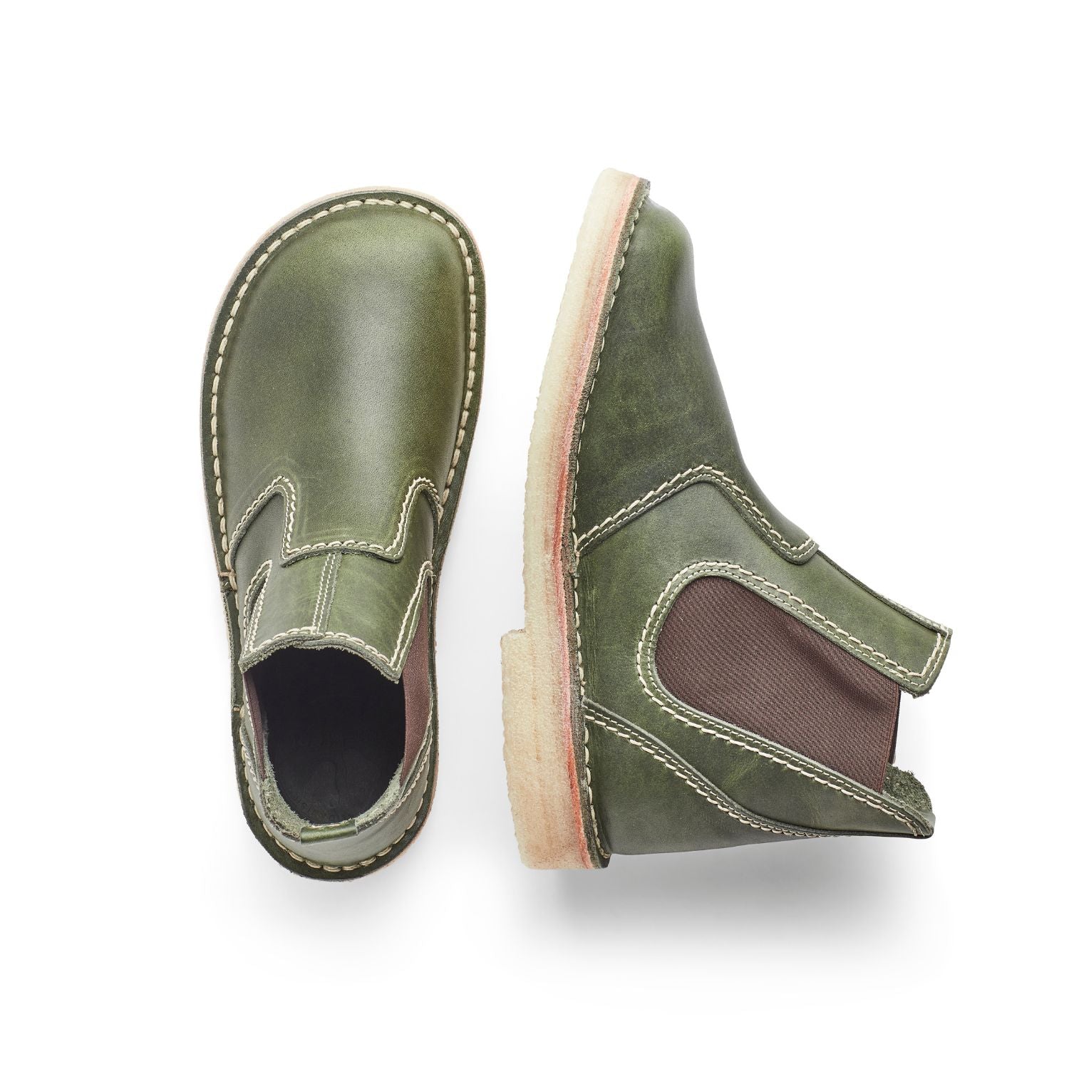 Duckfeet Roskilde Forest leather Chelsea boot, top and inner side view on white background