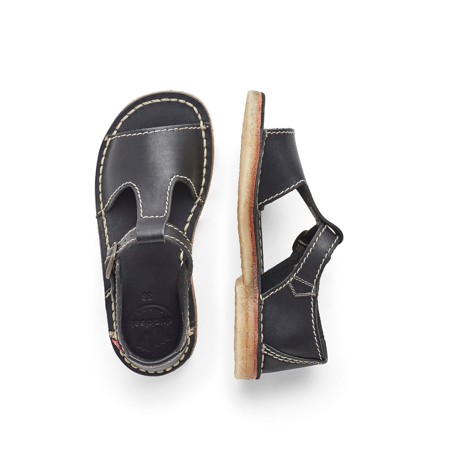 Duckfeet Samsø Black T-strap leather sandal, top and inner side view on white background