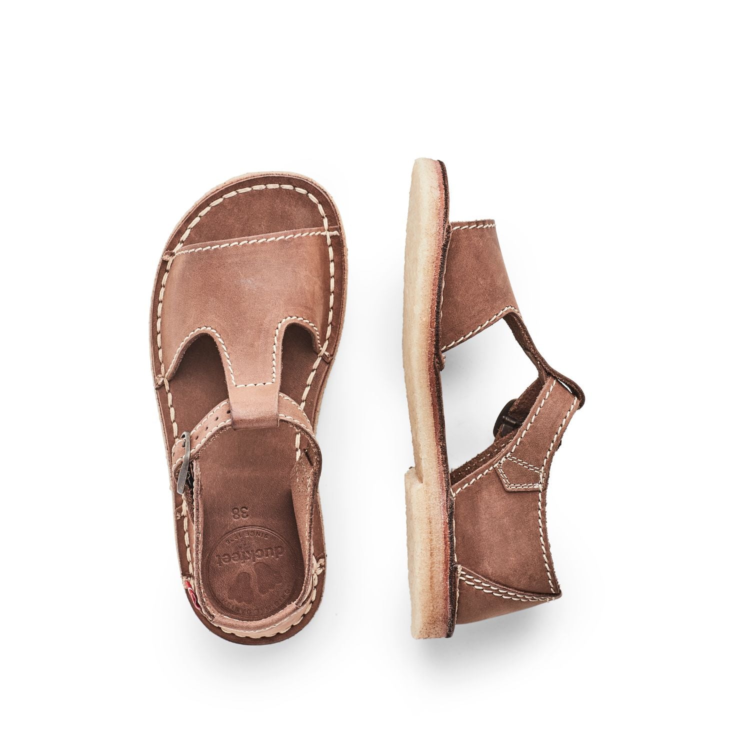 Duckfeet Samsø Cocoa T-strap leather sandal, top and inner side view on white background