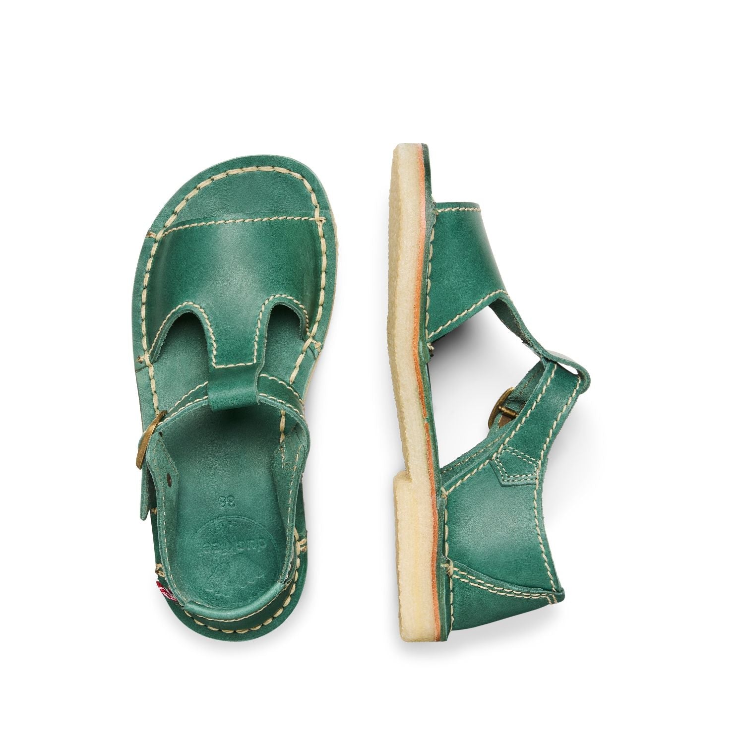 Duckfeet Samsø Turquoise-Green T-strap leather sandal, top and inner side view on white background