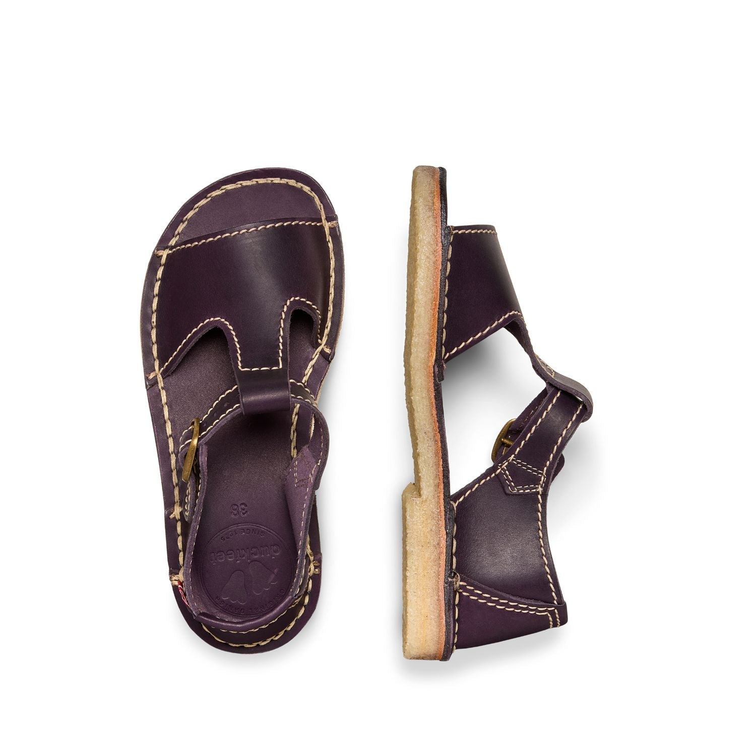 Duckfeet Samsø Plum T-strap leather sandal, top and inner side view on white background