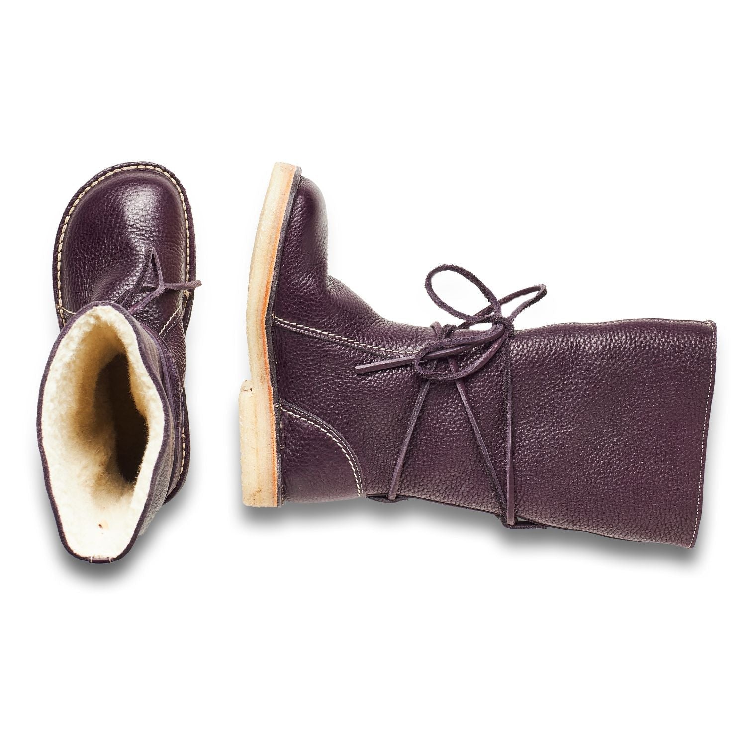 Duckfeet Silkeborg Plum wool-lined pull-on leather boot, top and inner side view on white background