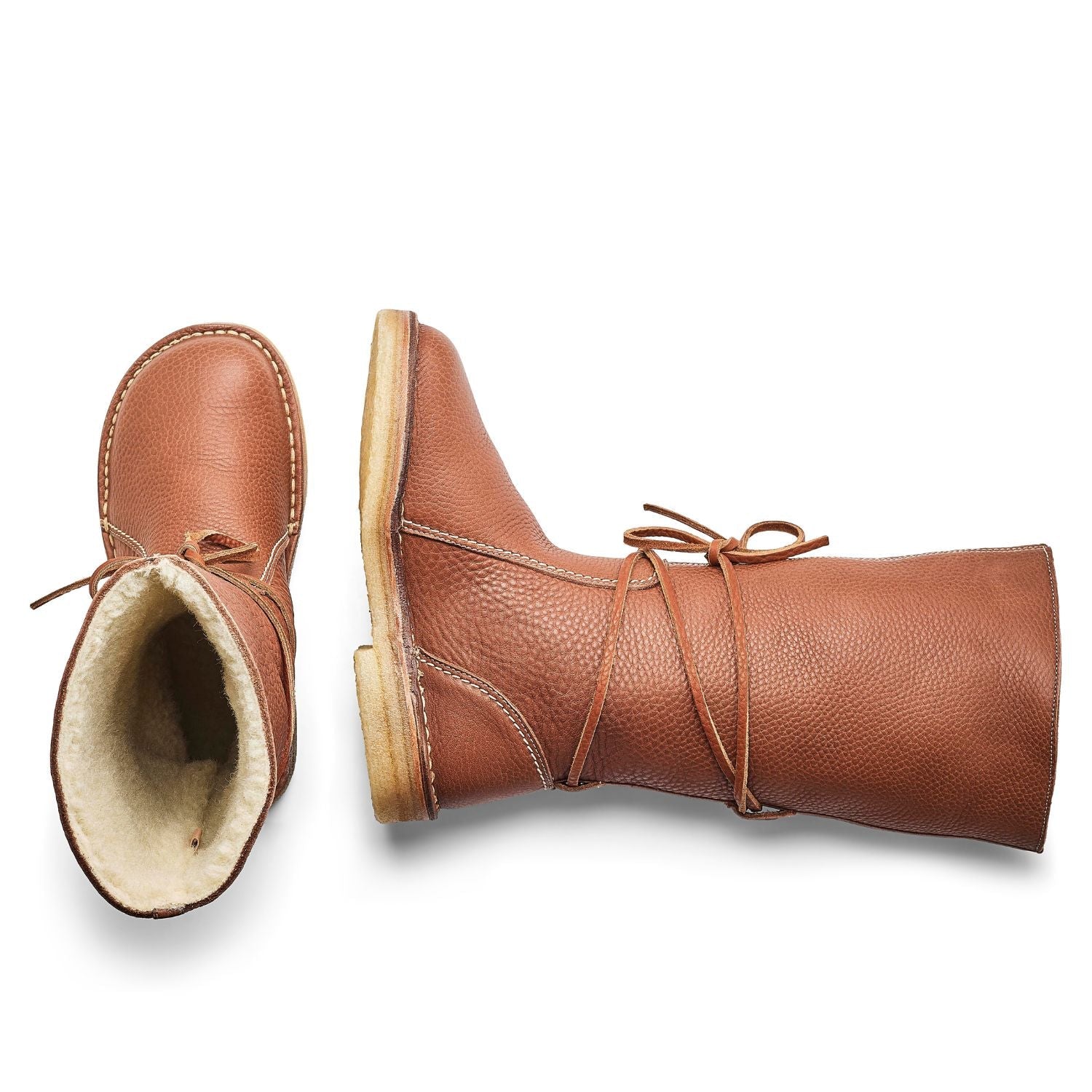 Duckfeet Silkeborg Nut wool-lined pull-on leather boot, top and inner side view on white background