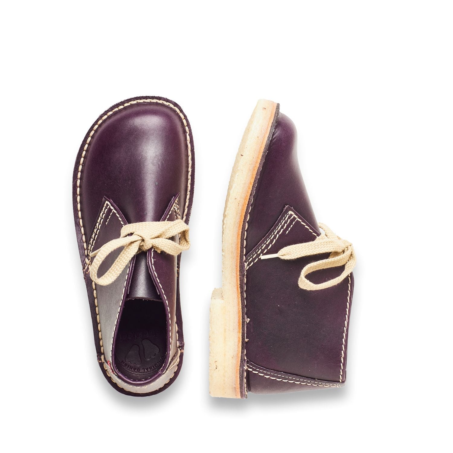 Duckfeet Sjælland Plum leather ankle boot, top and inner side view on white background