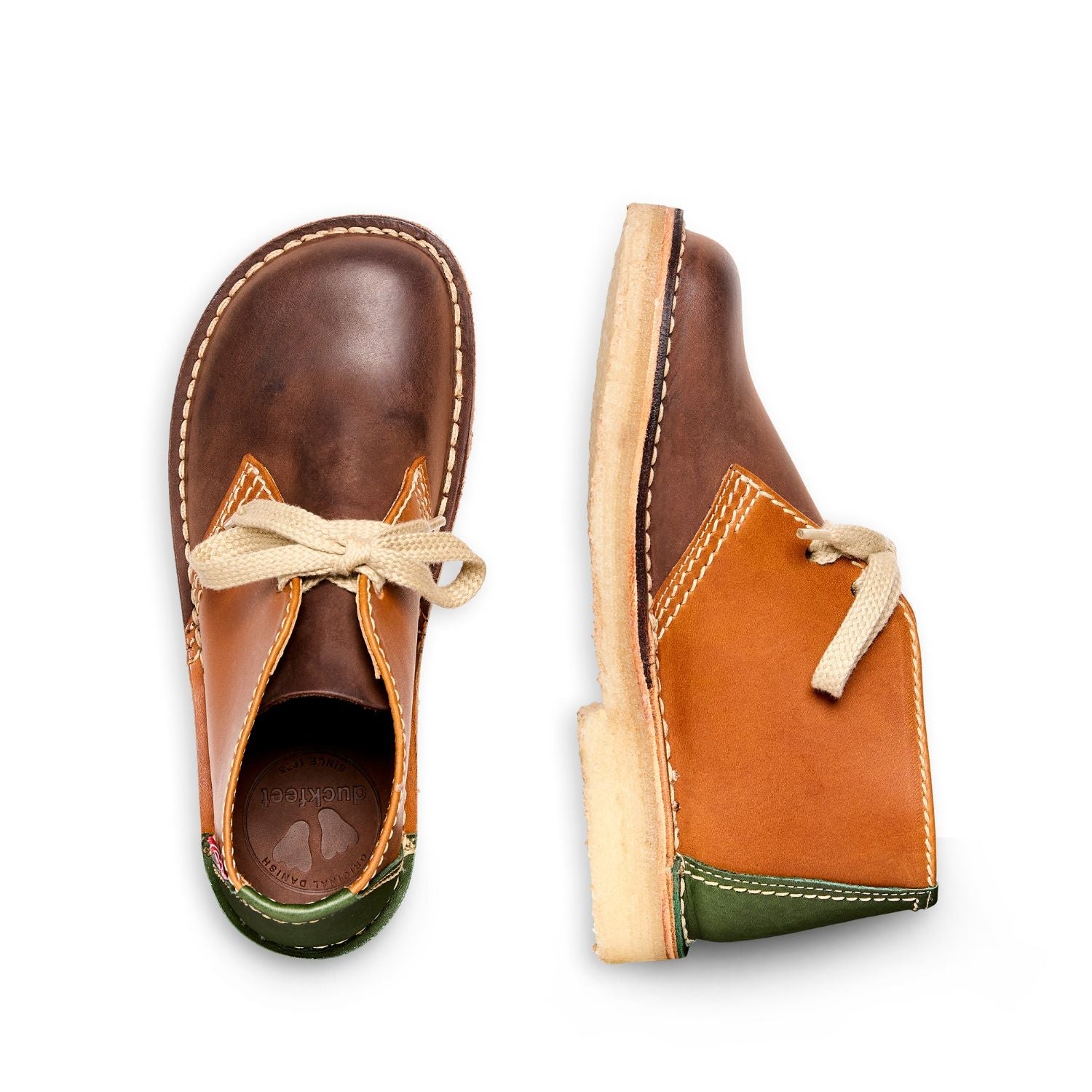 Duckfeet Sjælland Green / Brown / Cocoa leather ankle boot, top and inner side view on white background