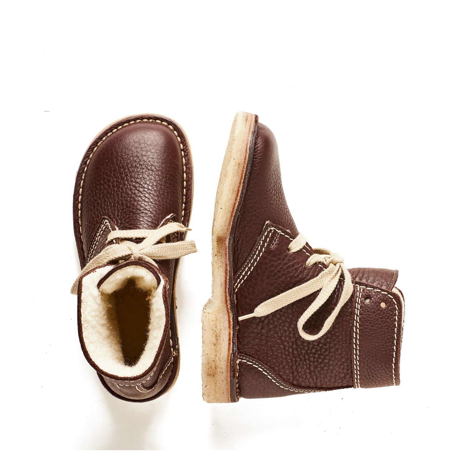 Duckfeet Skanderborg Choco wool-lined lace-up leather boot, top and inner side view on white background