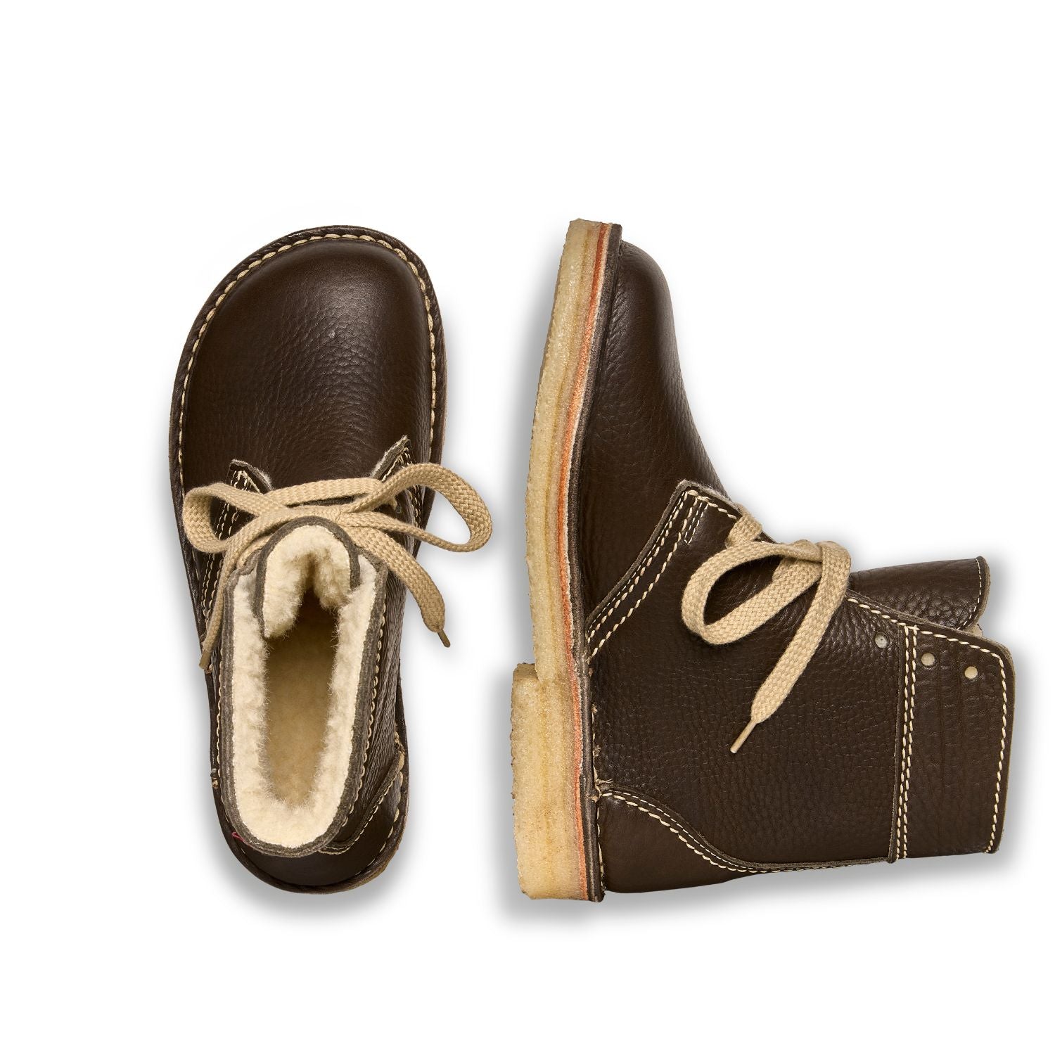 Duckfeet Skanderborg Olive wool-lined lace-up leather boot, top and inner side view on white background